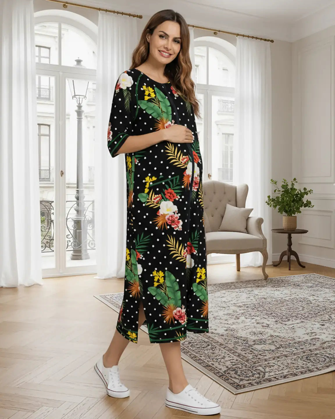 Bump Society – The Nursing Collection: Zip Front Tropical Print Maternity Nursing Lounge Dress