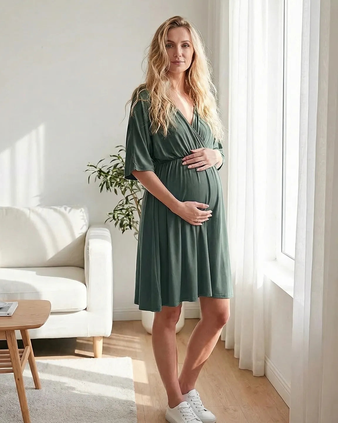 Pregnant woman in a green cross-front maternity midi dress with 3/4 sleeves, flattering her bump.