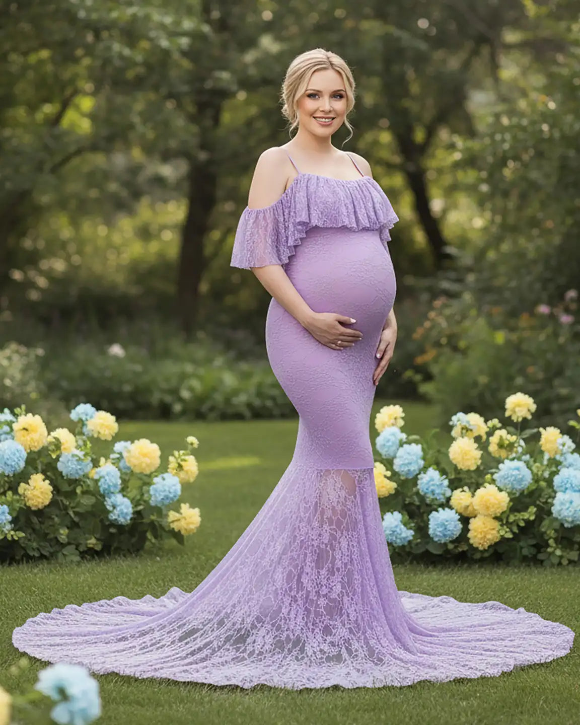 Bump Society – The Comfort Collection: Off-Shoulder Lace Mermaid Maternity Gown