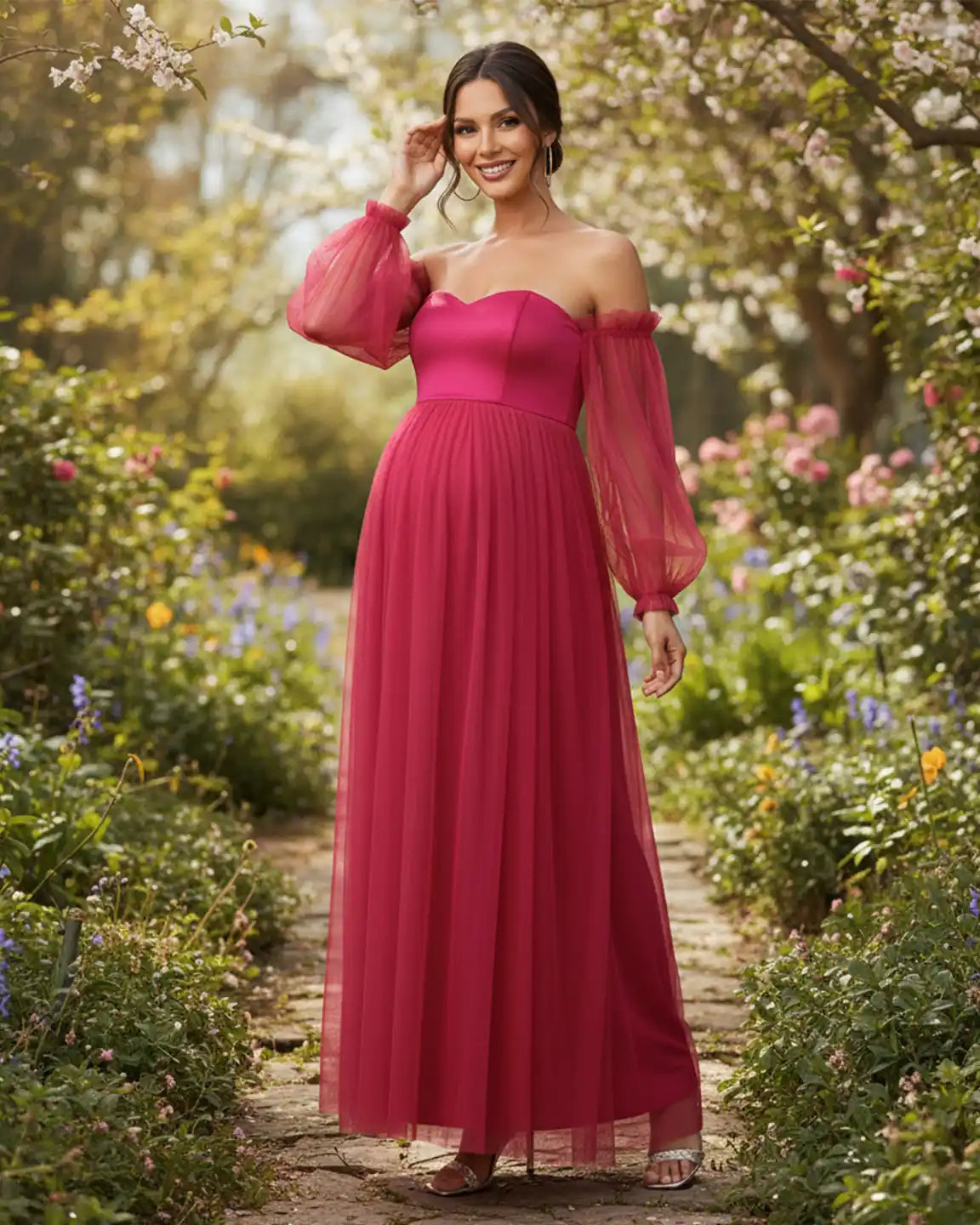 Bump Society – The Comfort Collection: Off-Shoulder Mesh-Sleeve Maternity Gown