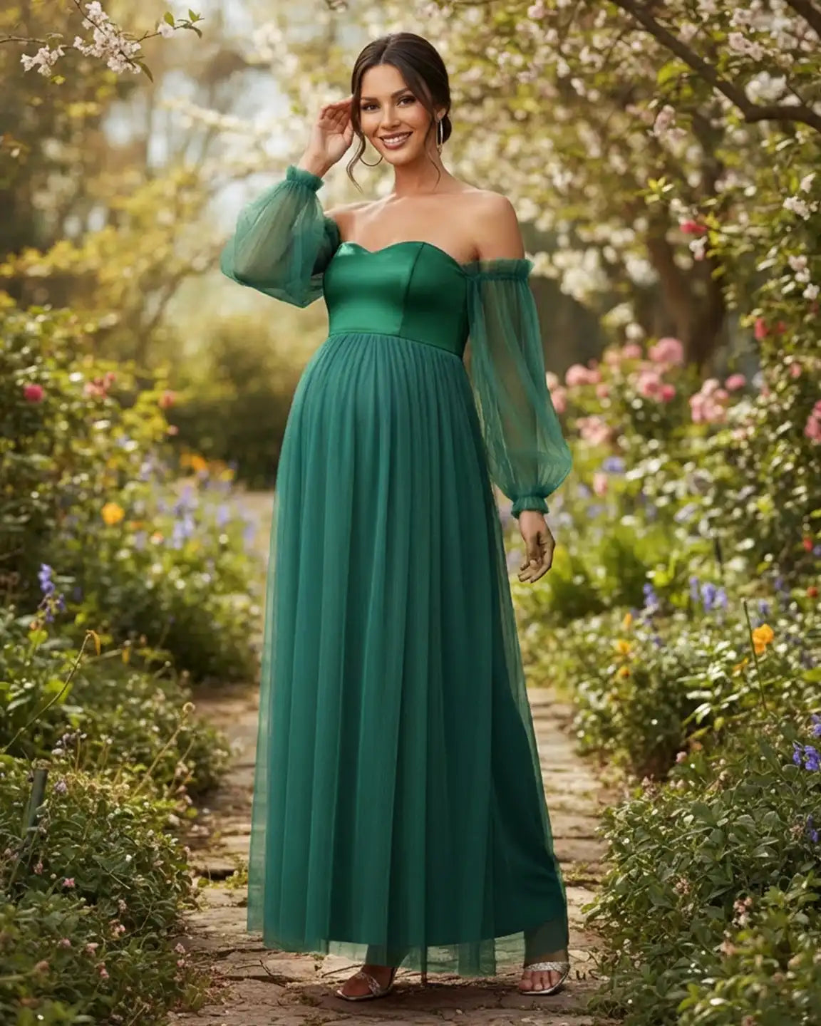 Bump Society – The Comfort Collection: Off-Shoulder Mesh-Sleeve Maternity Gown