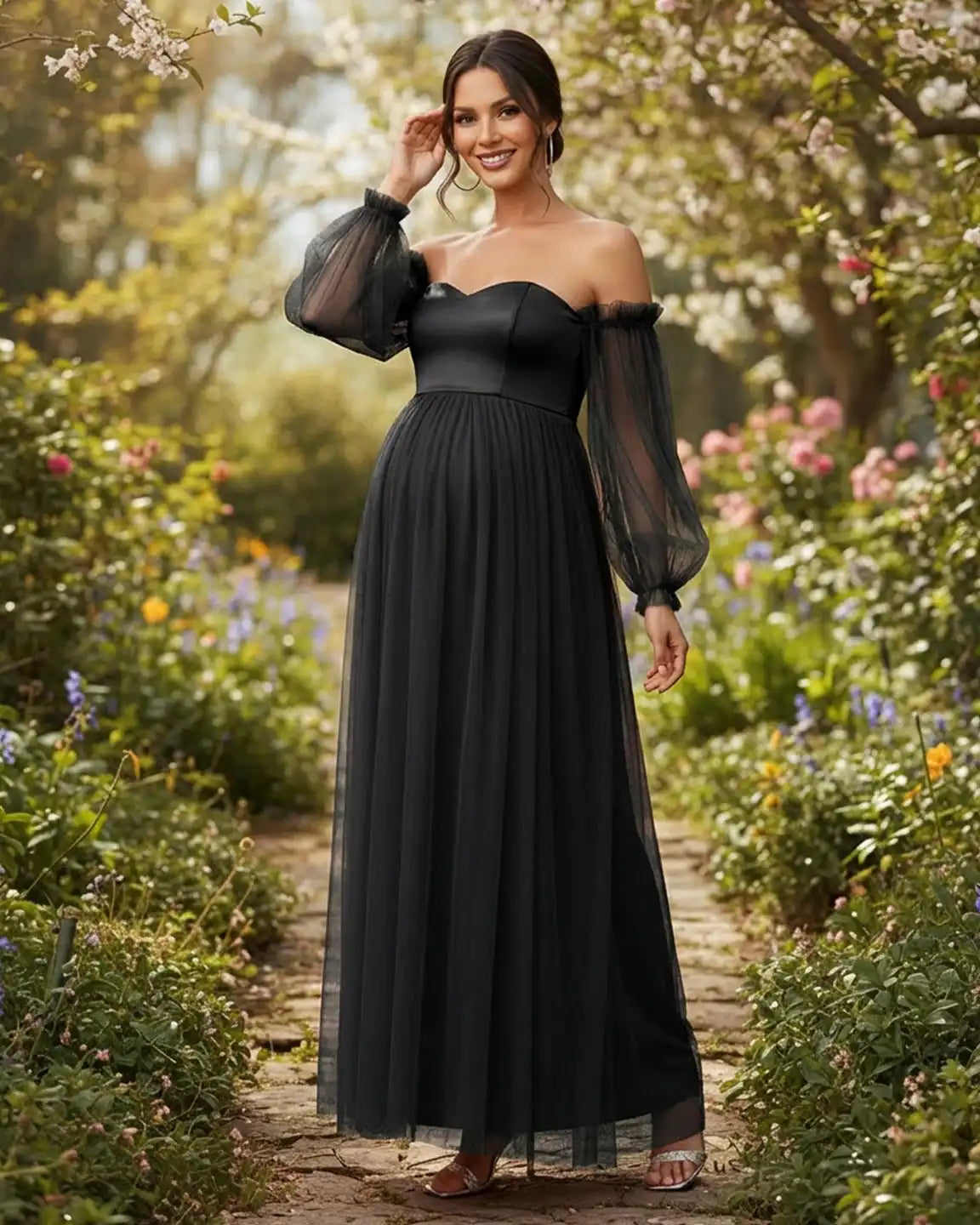 Bump Society – The Comfort Collection: Off-Shoulder Mesh-Sleeve Maternity Gown