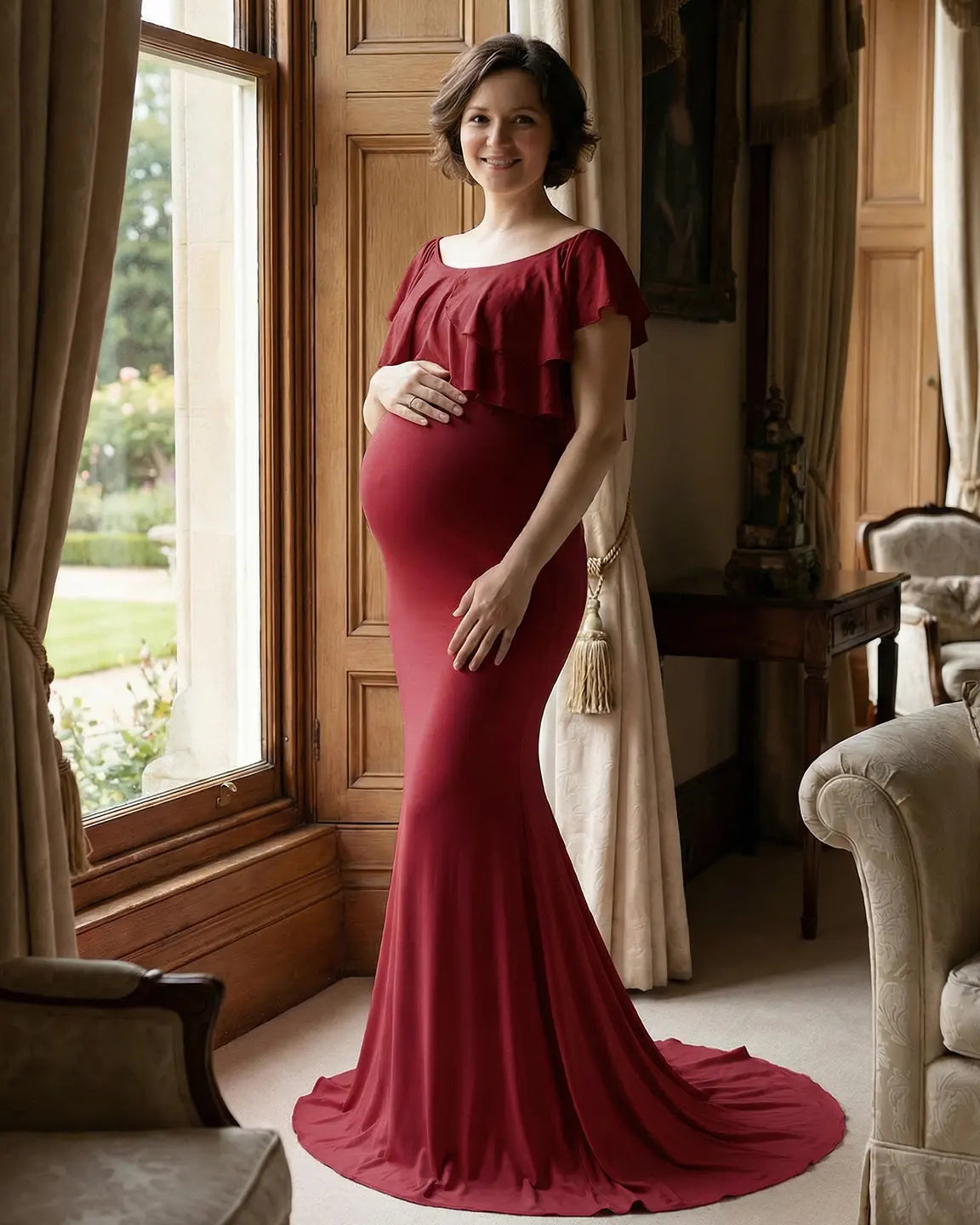 Bump Society – The Comfort Collection: Ruffle-Off Shoulder Trailing Maternity Gown