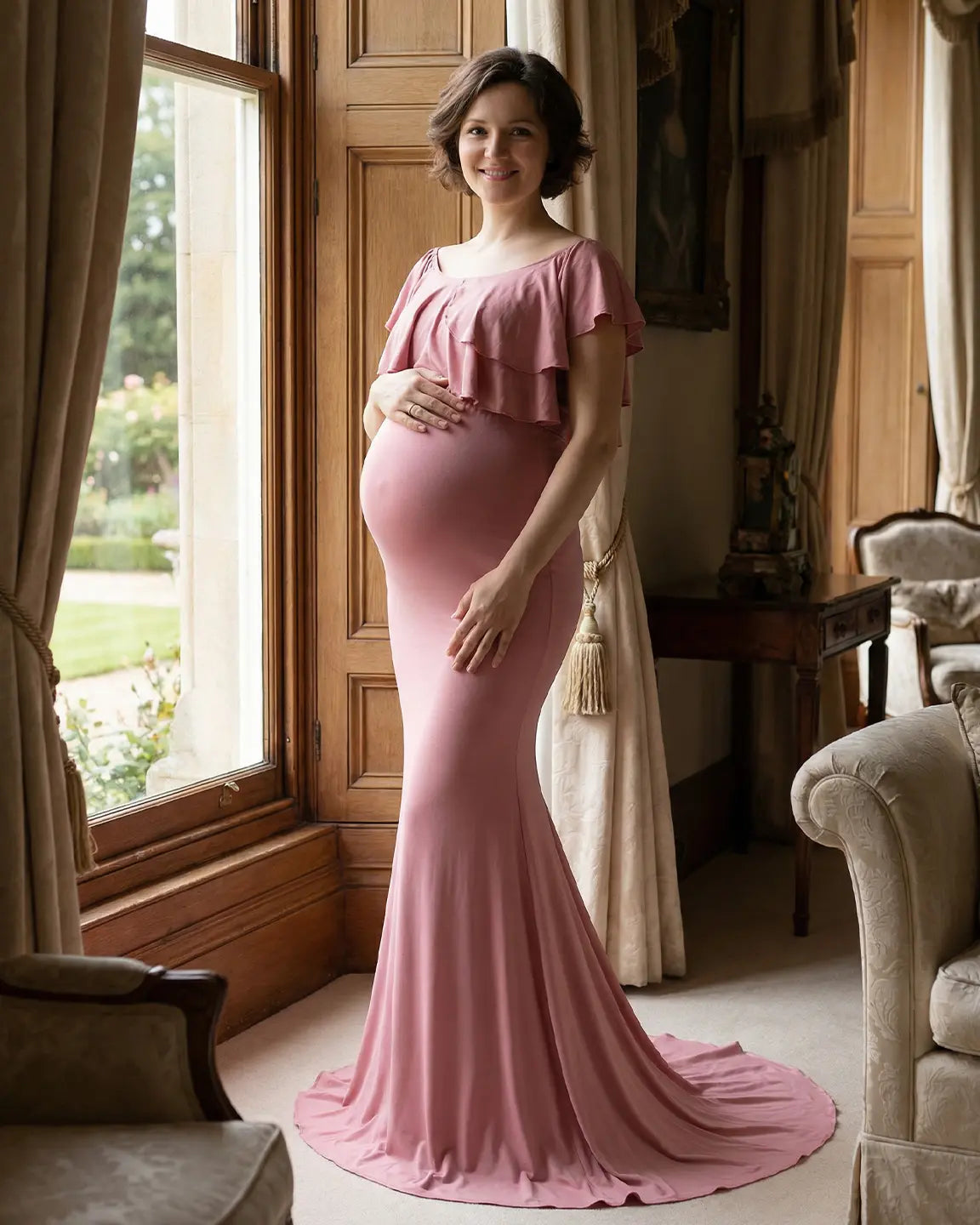 Bump Society – The Comfort Collection: Ruffle-Off Shoulder Trailing Maternity Gown