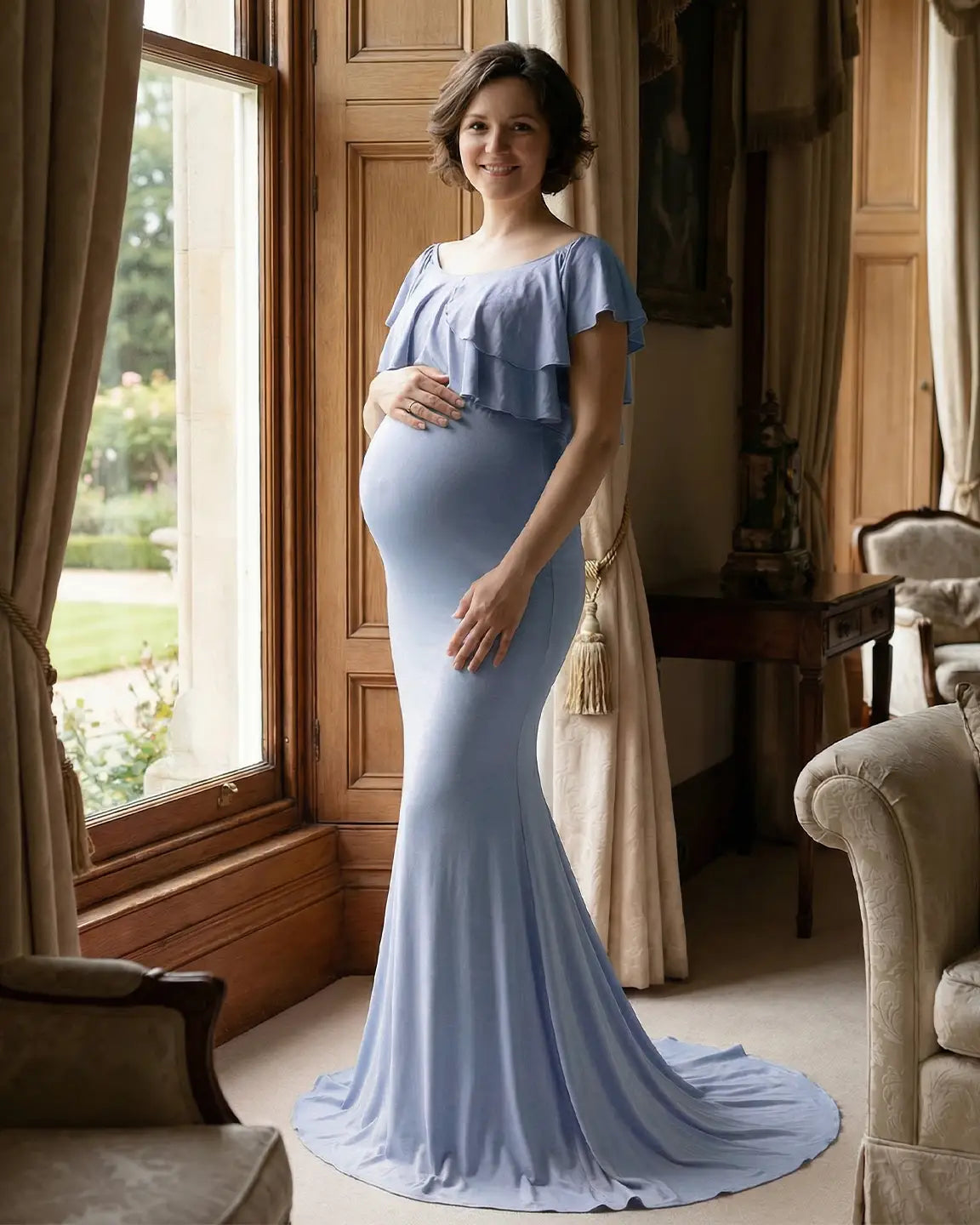 Bump Society – The Comfort Collection: Ruffle-Off Shoulder Trailing Maternity Gown