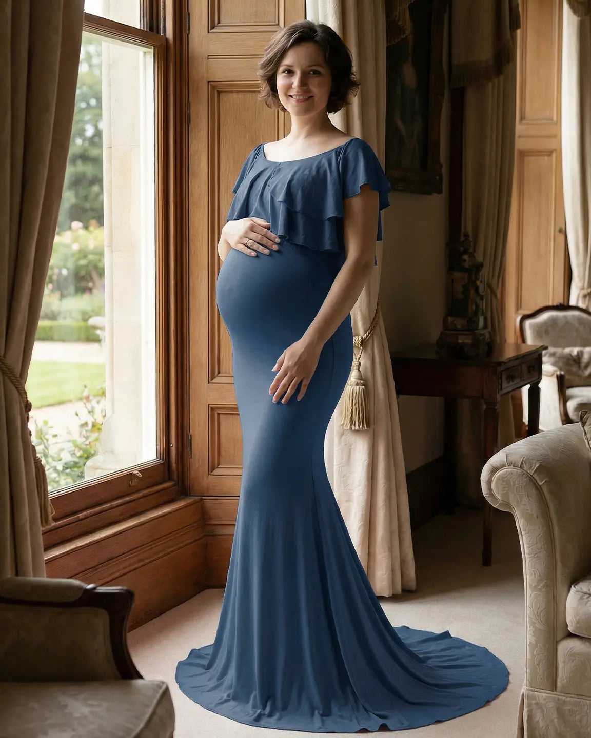 Bump Society – The Comfort Collection: Ruffle-Off Shoulder Trailing Maternity Gown