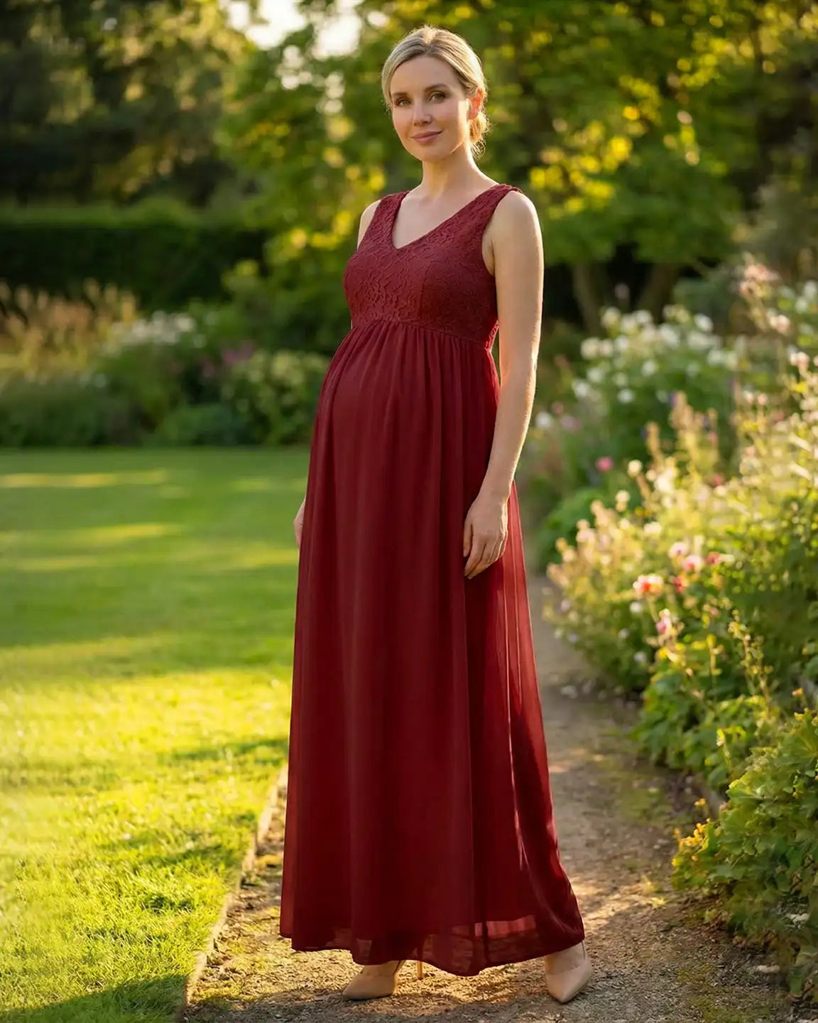 Bump Society – The Comfort Collection: Lace-Chiffon Romantic Maternity Maxi Dress