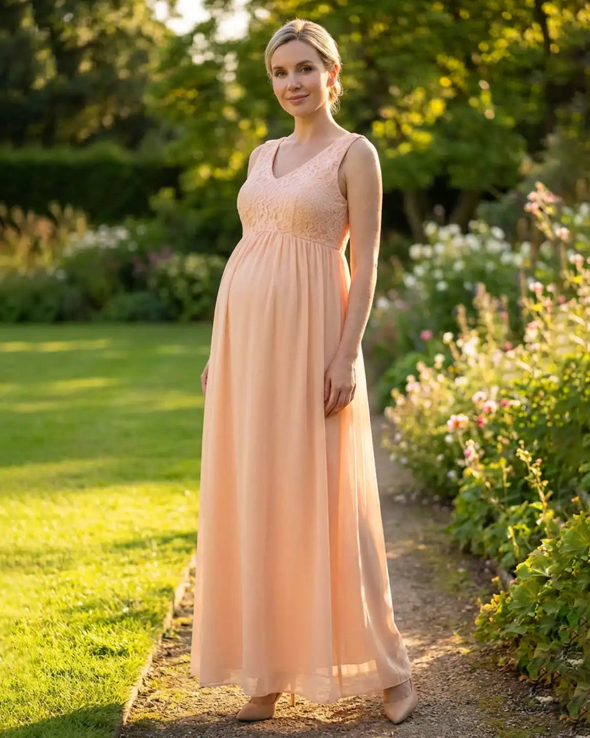 Bump Society – The Comfort Collection: Lace-Chiffon Romantic Maternity Maxi Dress