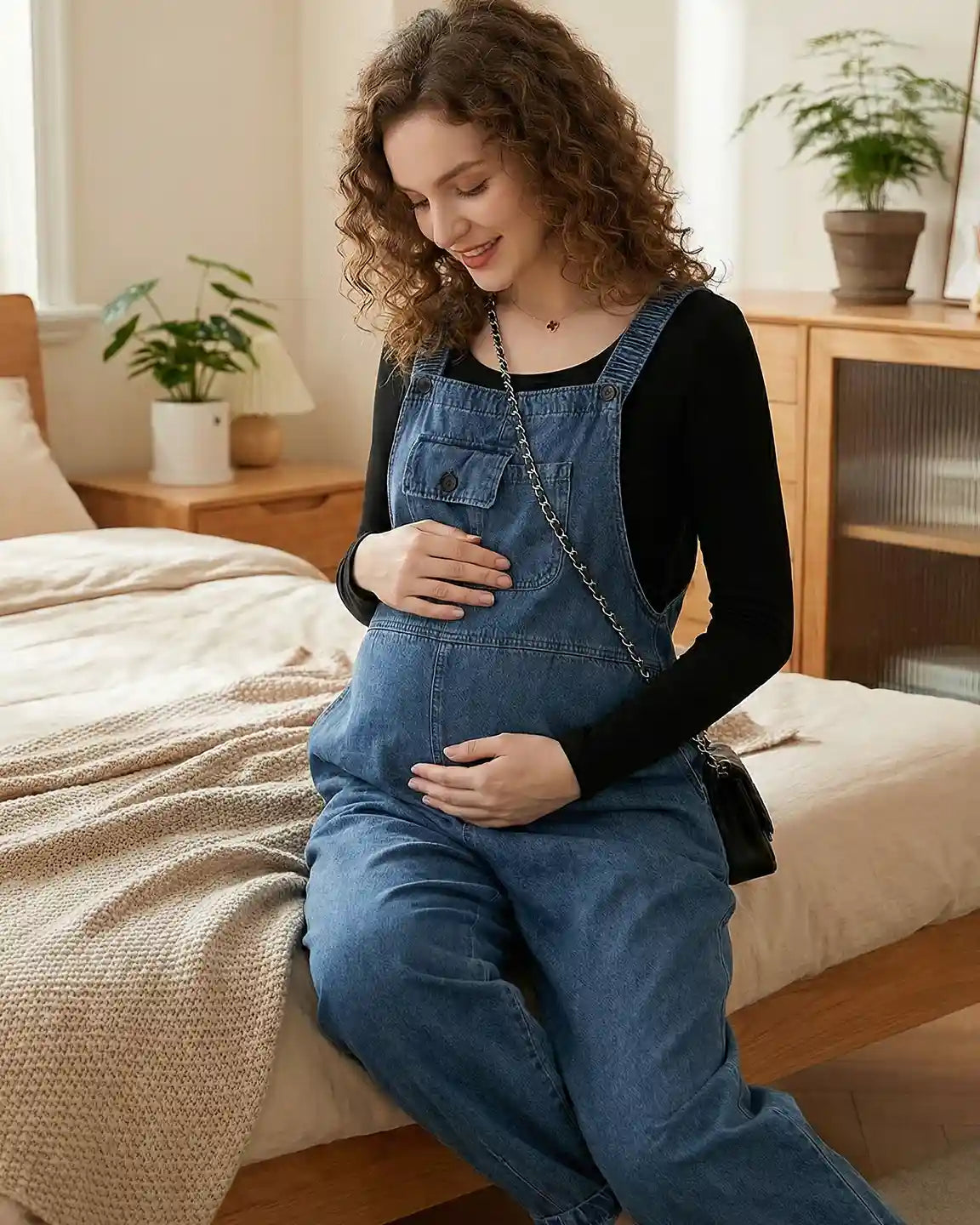 Smiling pregnant woman in loose-fit blue denim maternity overalls with adjustable straps and a front pocket.