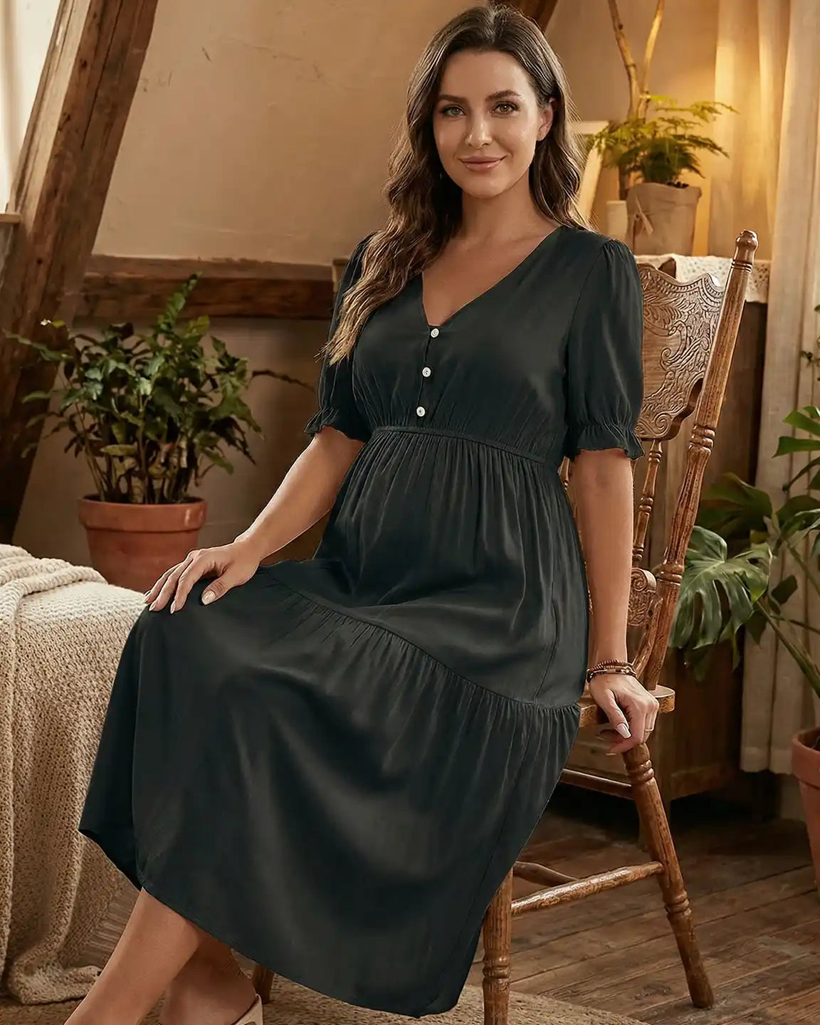 Bump Society – The Comfort Collection: V Neck Puff Sleeve Maternity Midi Dress