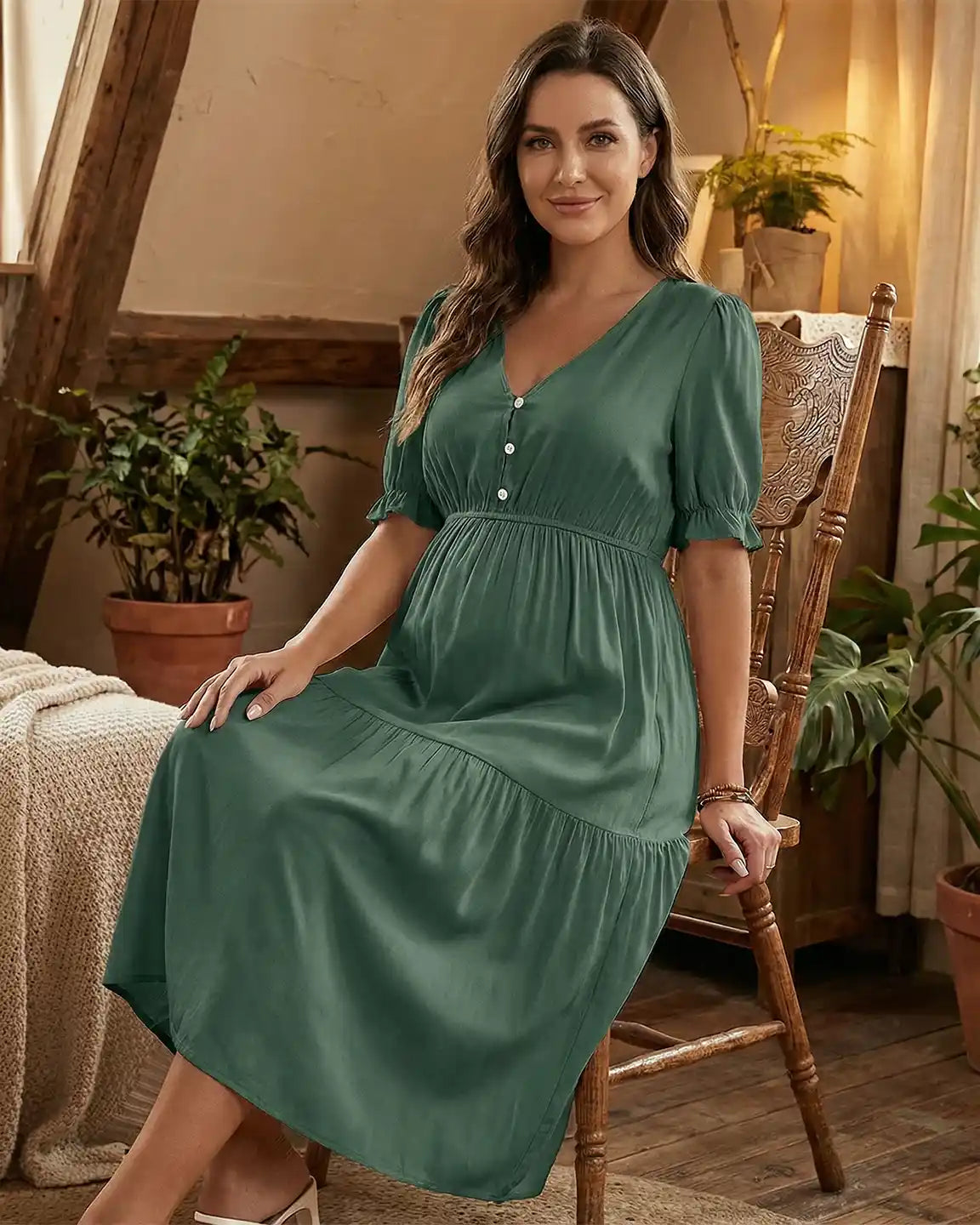 Bump Society – The Comfort Collection: V Neck Puff Sleeve Maternity Midi Dress