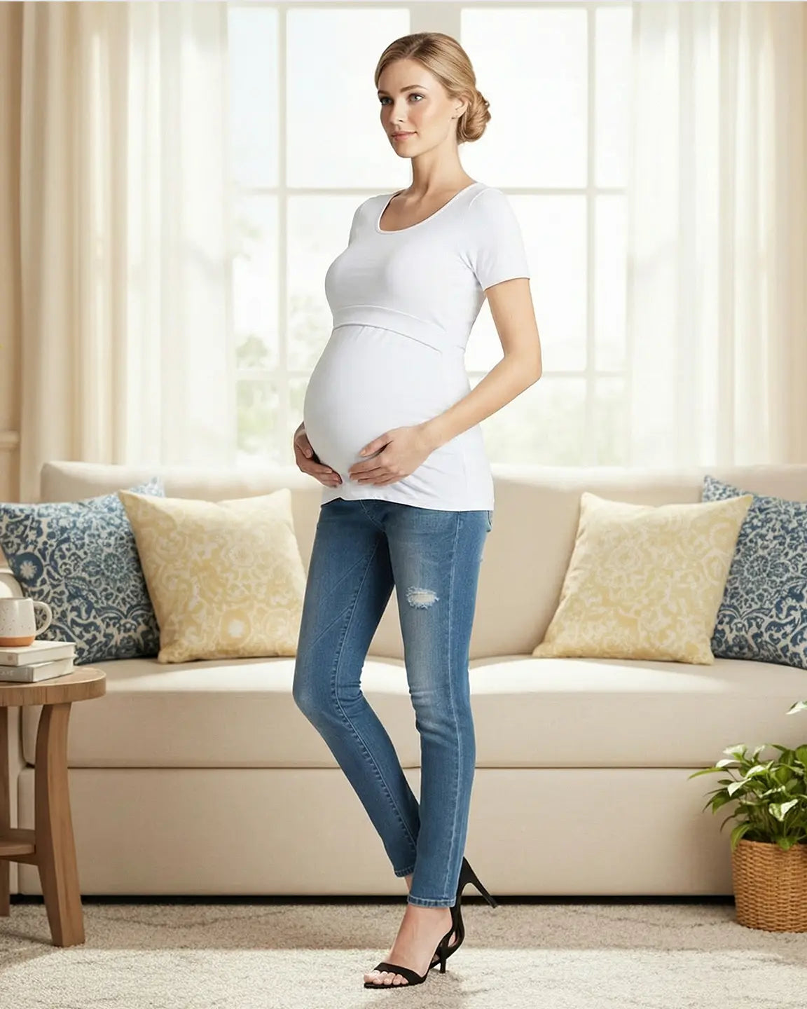 Pregnant woman in white stretch-fit V-neck nursing t-shirt and blue jeans.