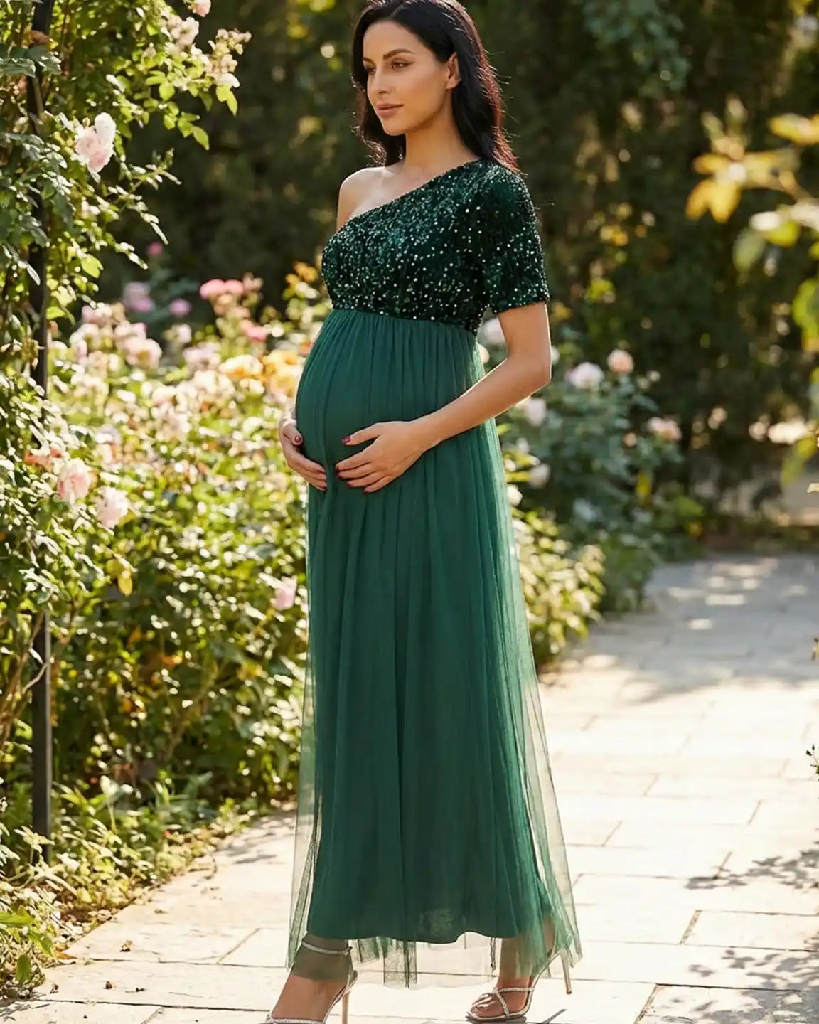 Bump Society – The Comfort Collection: Sequin One-Shoulder Flowy Maternity Maxi Dress