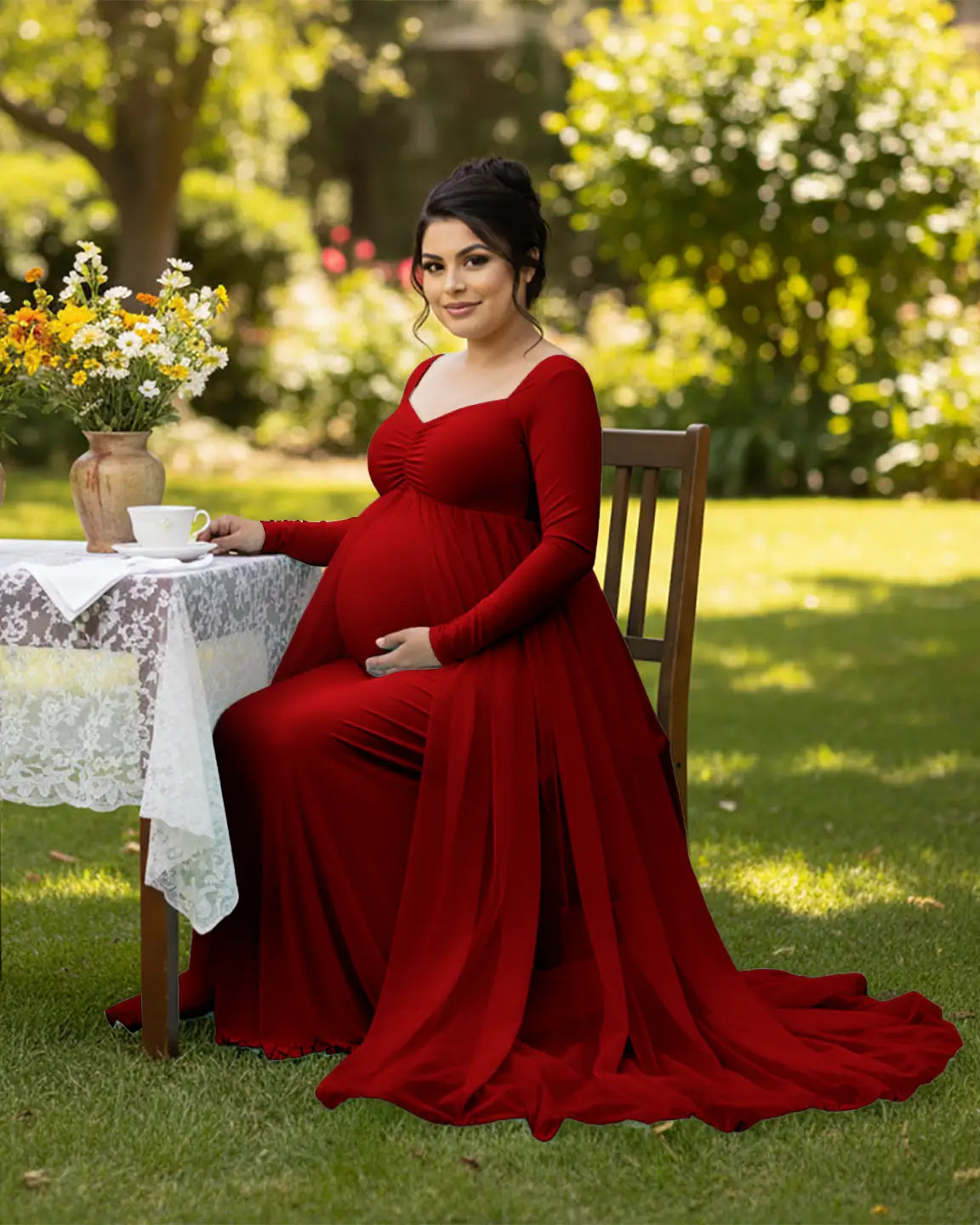 Bump Society – The Comfort Collection: Sheer Mesh Flowy Train Maternity Maxi Dress