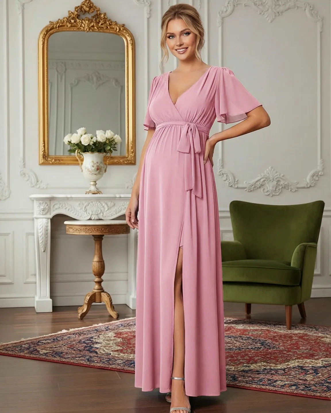 Pink surplice V-neck flutter sleeve maternity maxi dress with front slit and empire waist tie.