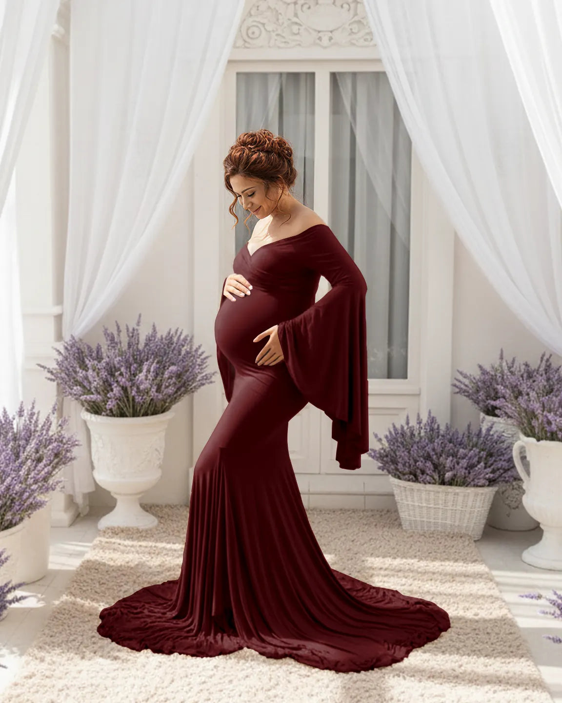 Bump Society – The Comfort Collection: Flared Sleeve Fishtail Train Maternity Photoshoot Dress