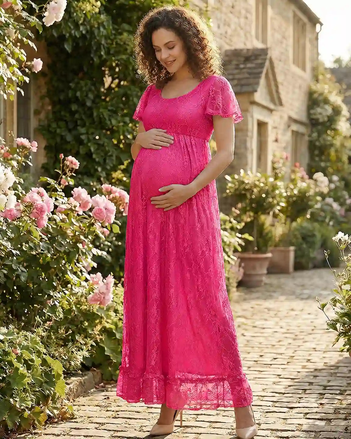 Bump Society – The Comfort Collection: Ruffled Hem Floral Lace Maternity Photoshoot Dress