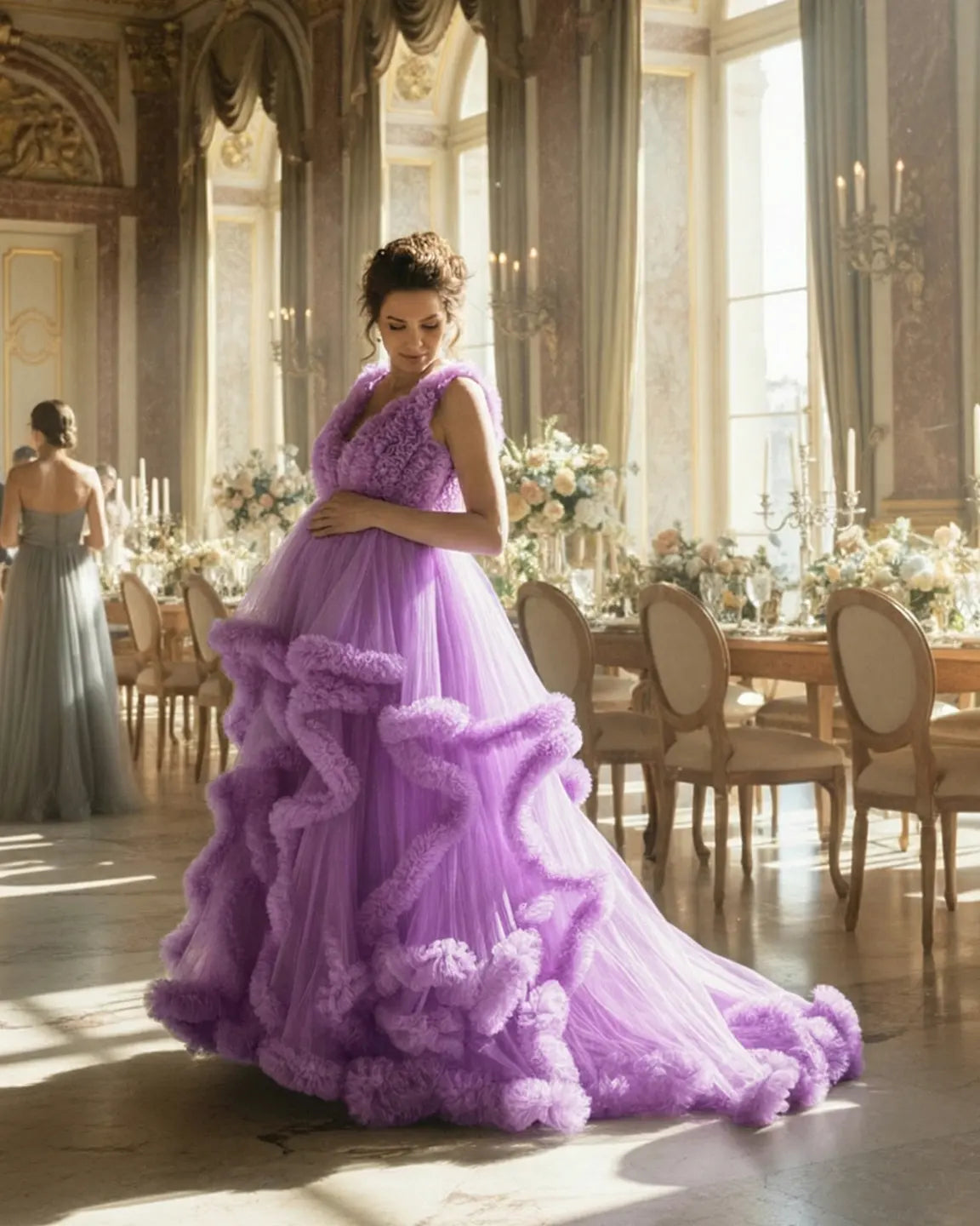 Bump Society – The Comfort Collection: Ruffled Bodice Multi-Layer Mesh Pleats Maternity Gown