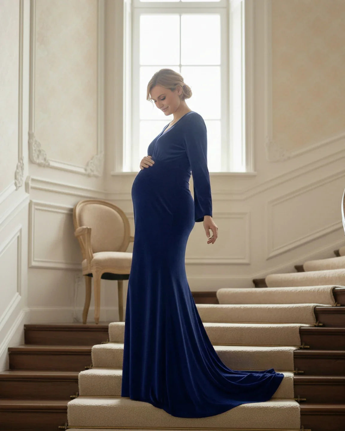 Bump Society – The Comfort Collection: Long-Sleeve Mermaid Train Maternity Photoshoot Gown