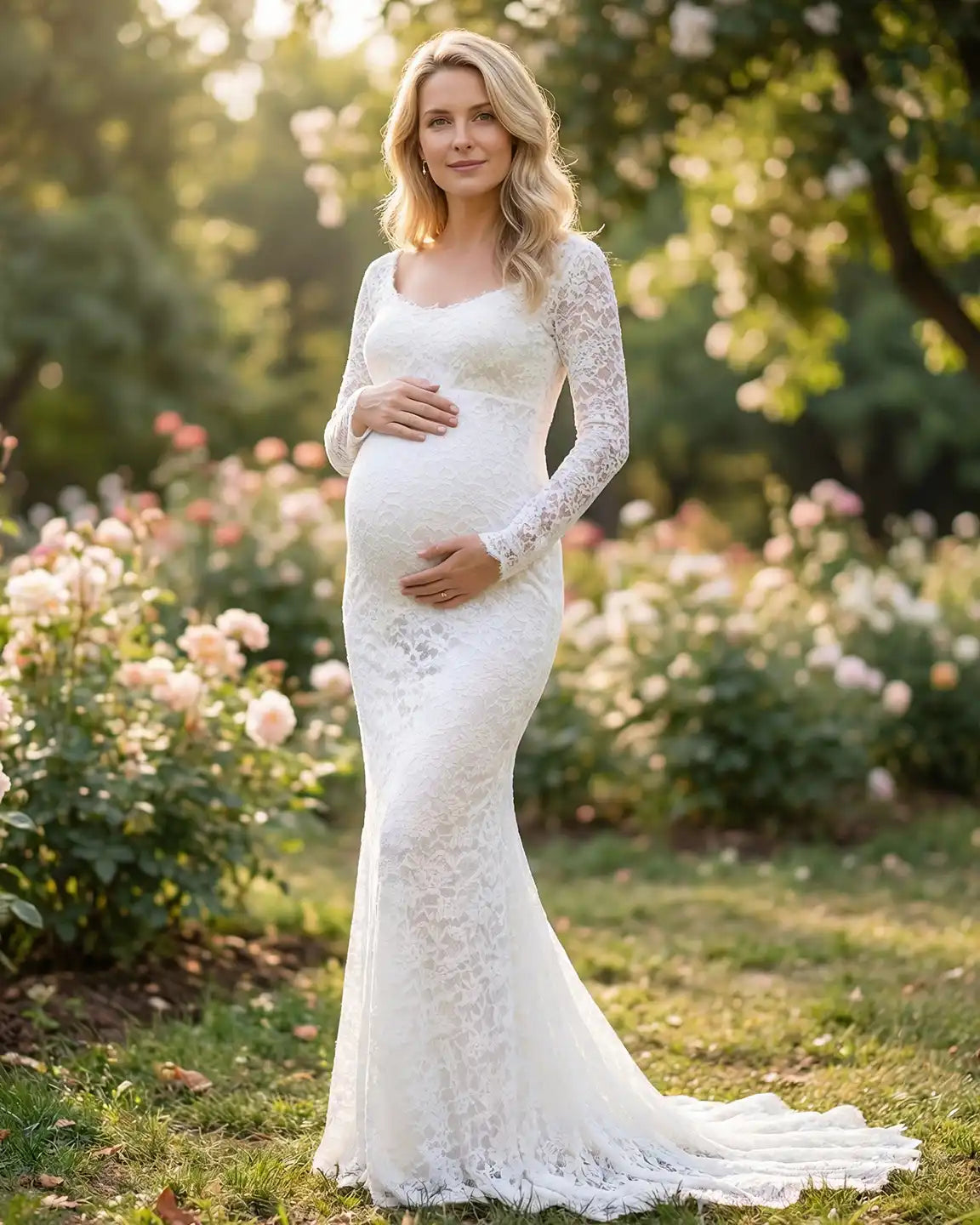 Bump Society – The Comfort Collection: Lace Train Long-Sleeve Maternity Gown
