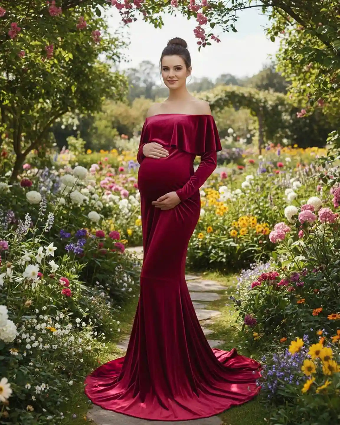 Elegant pregnant woman in a red velvet off-shoulder fitted maternity gown with a flowing train, posing in a garden.