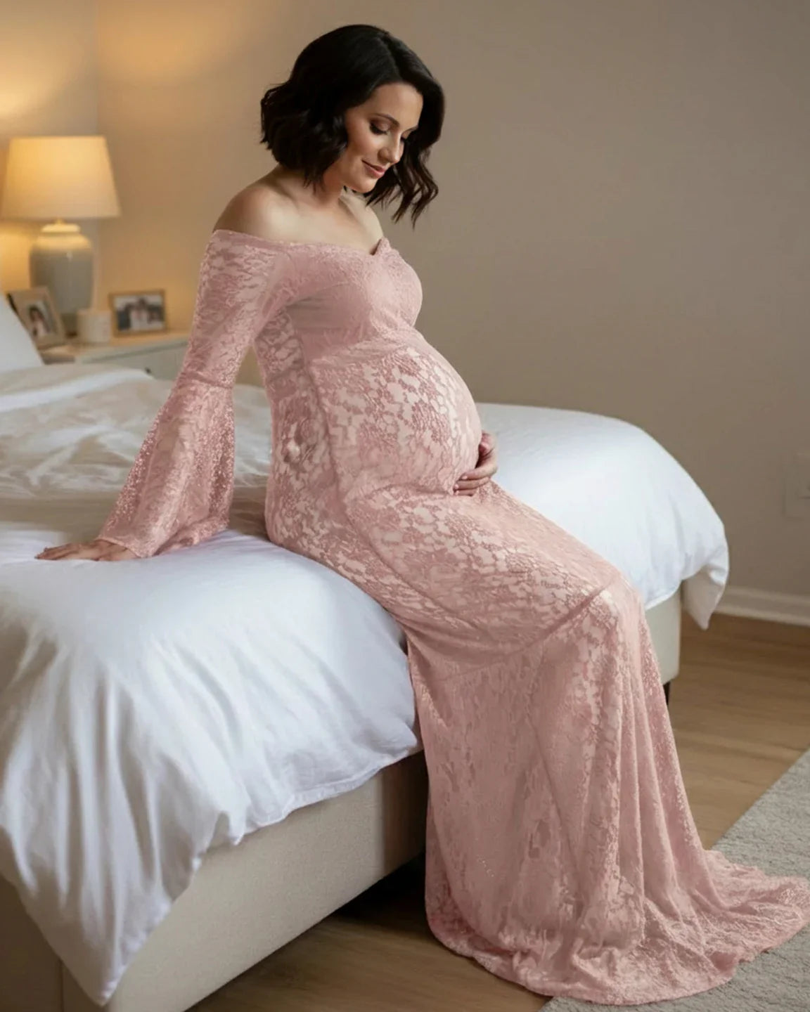 Bump Society – The Comfort Collection: Bell Lace Sleeve Trailing Maternity Gown