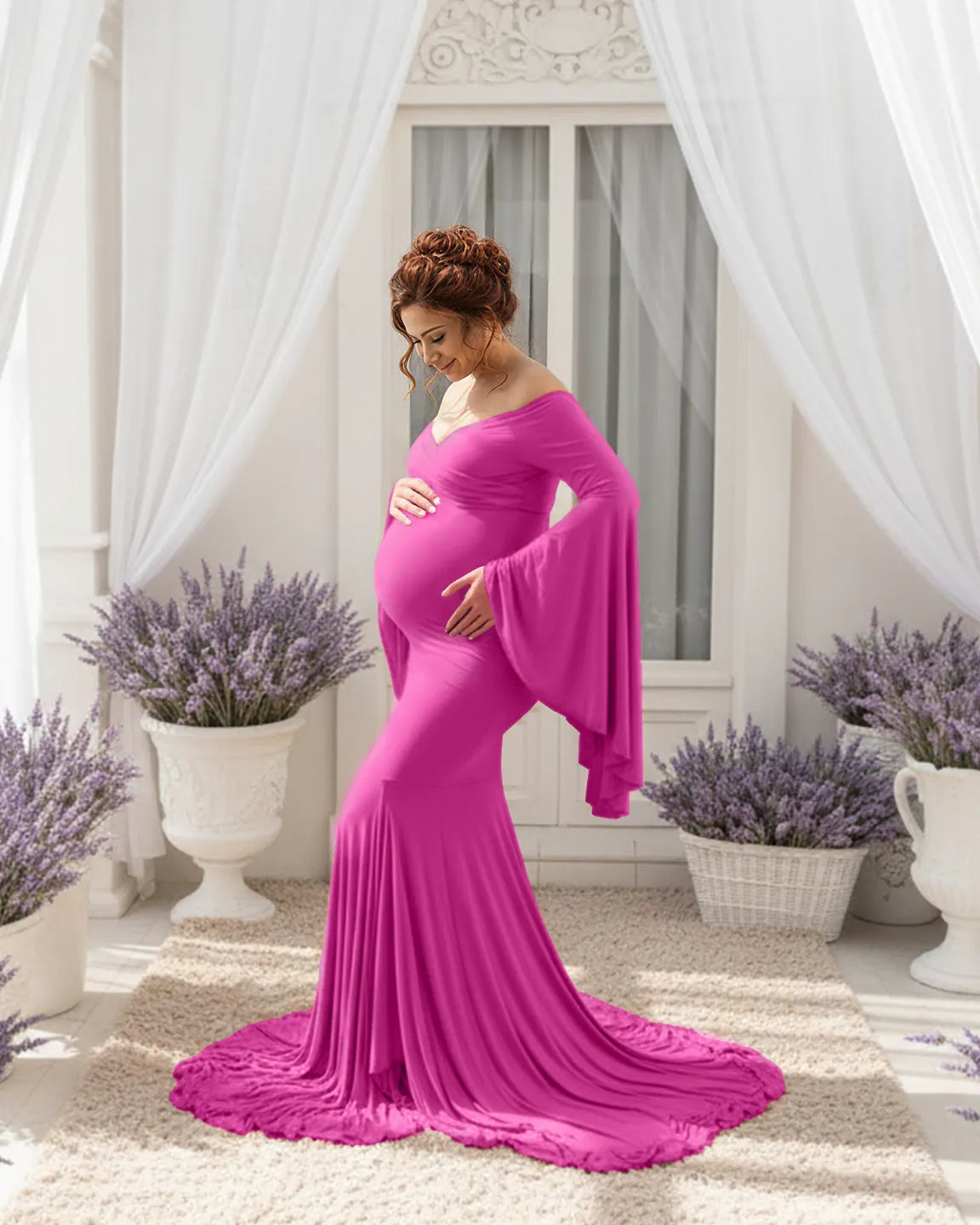 Bump Society – The Comfort Collection: Flared Sleeve Fishtail Train Maternity Photoshoot Dress