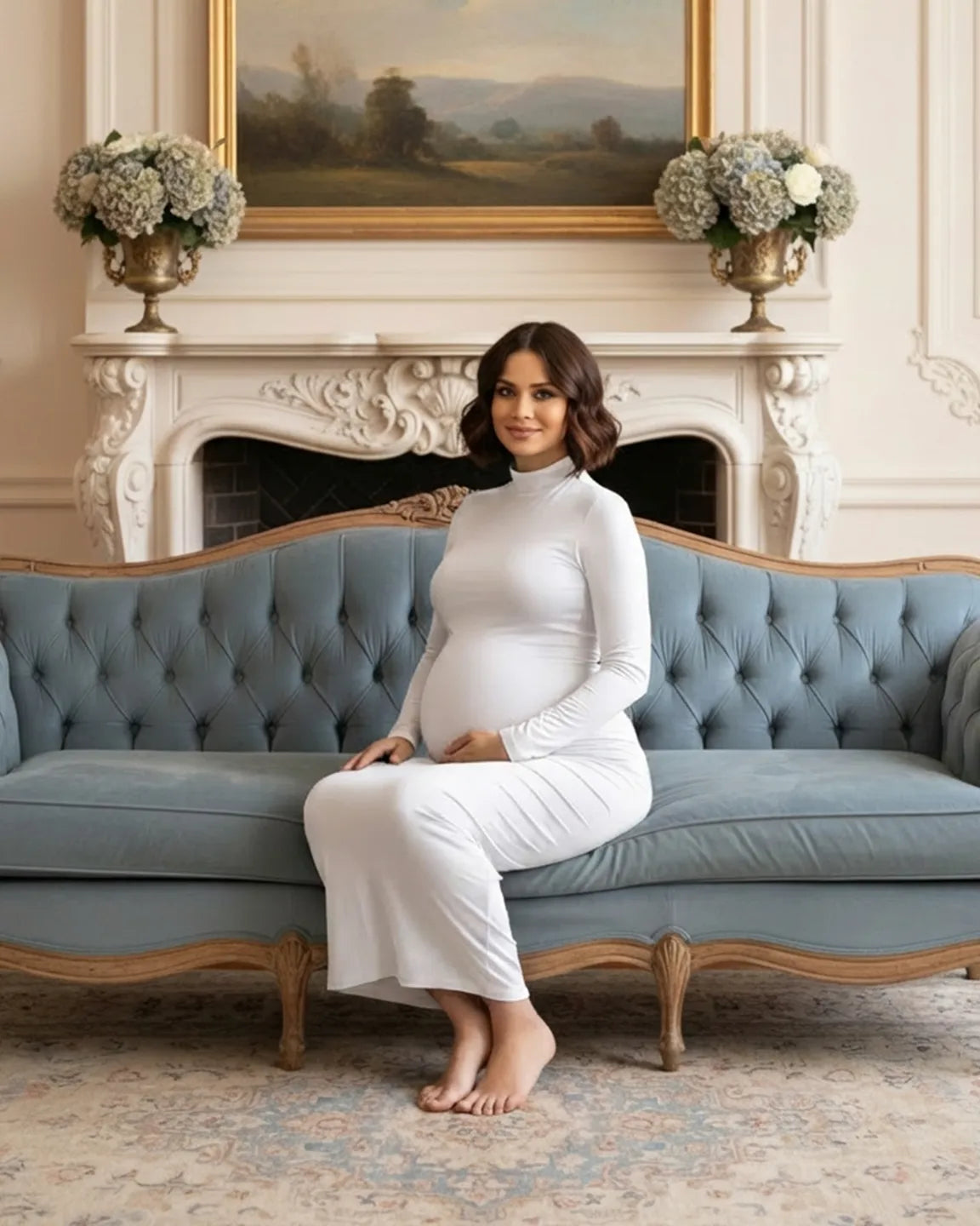 Pregnant woman in a white mock-neck bodycon maternity maxi dress, sitting on a blue sofa.