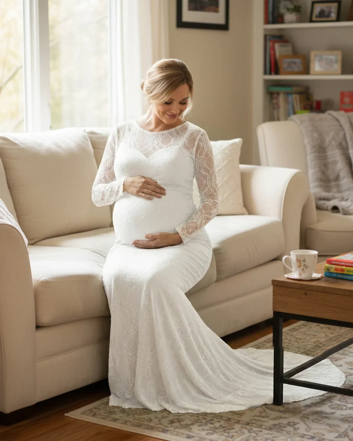 Pregnant woman in a white sheer lace trumpet maternity gown with long sleeves, sitting on a sofa.