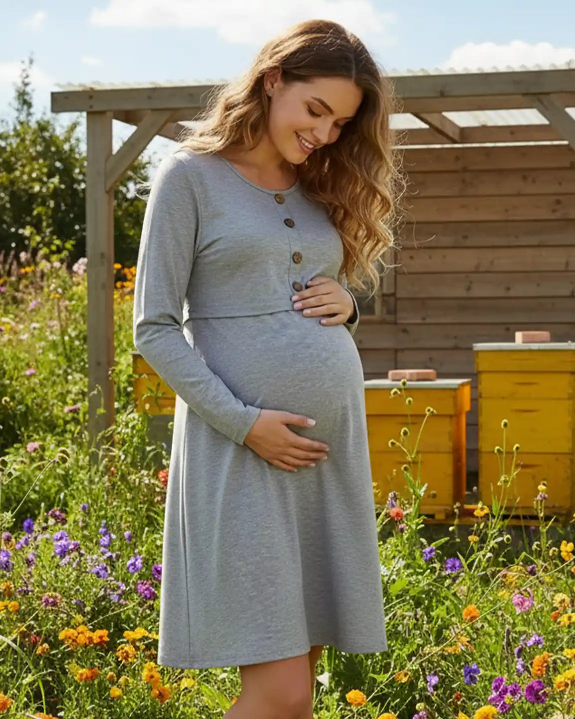 Smiling pregnant woman in a gray long-sleeve empire waist nursing dress with brown buttons.