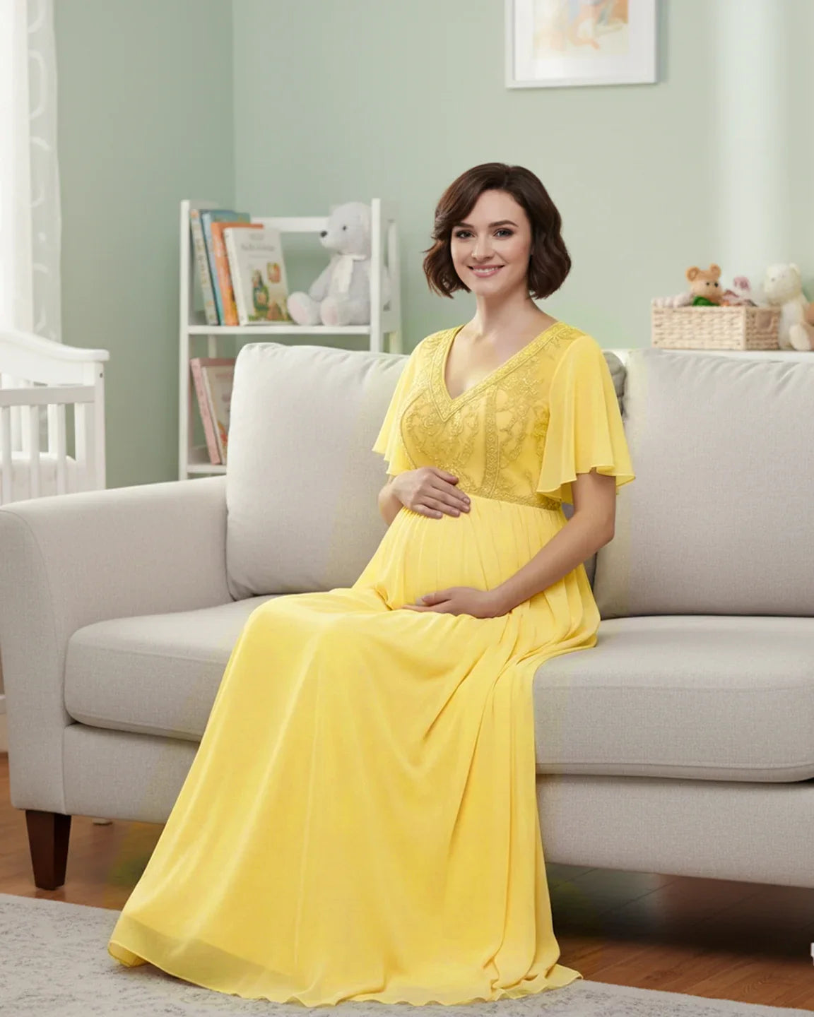 Bump Society – The Comfort Collection: Embroidered Bodice Long Train Maternity Photoshoot Gown