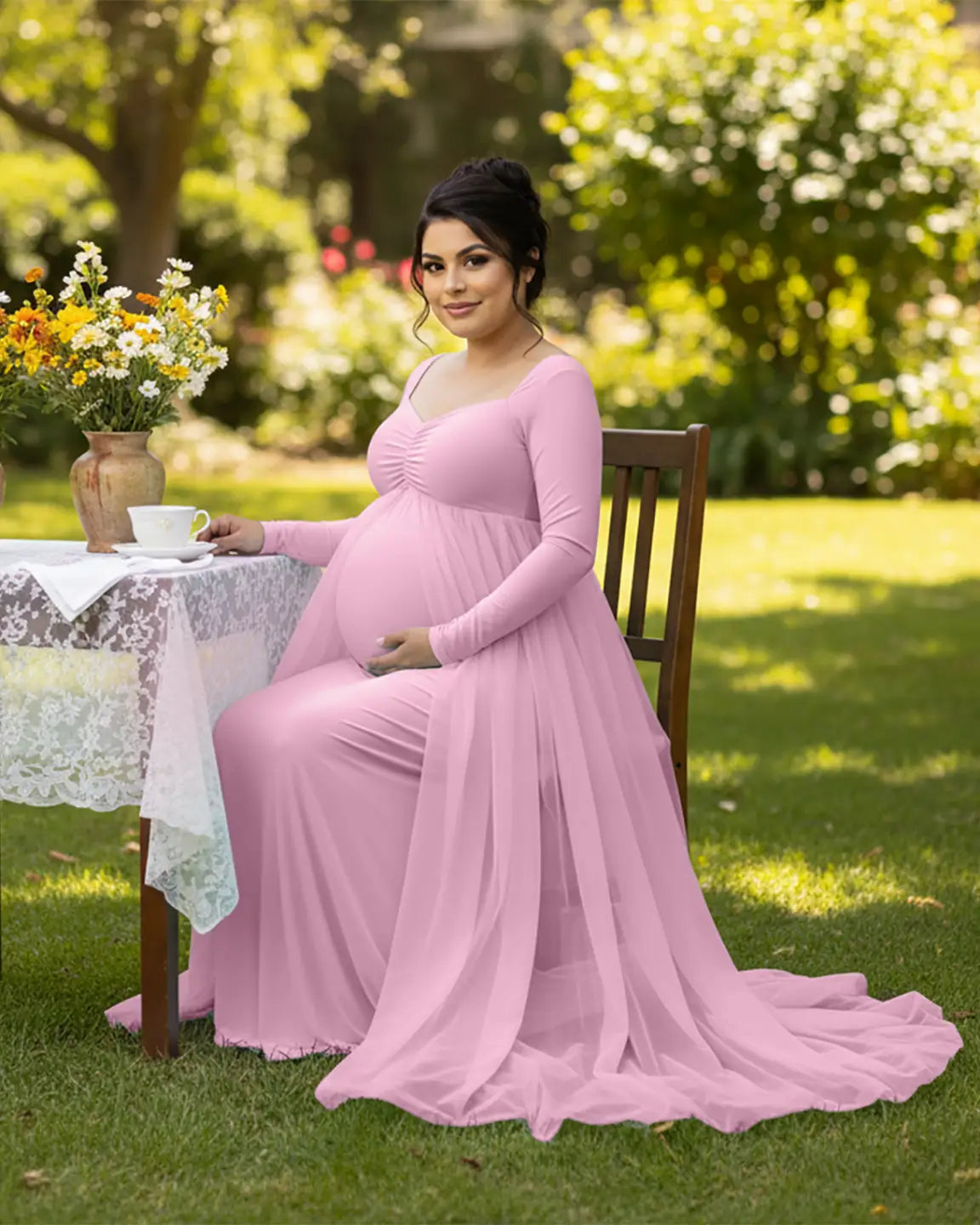 Bump Society – The Comfort Collection: Sheer Mesh Flowy Train Maternity Maxi Dress