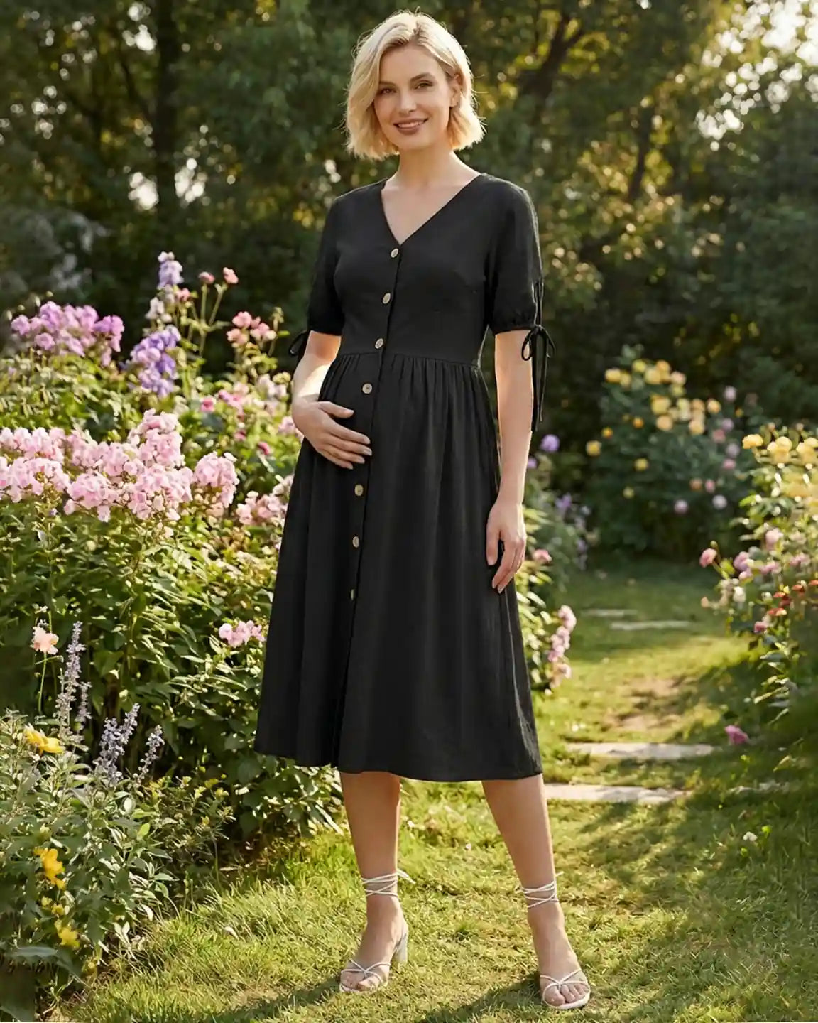 Bump Society – The Comfort Collection: Tie Sleeve A-Line Maternity Midi Dress
