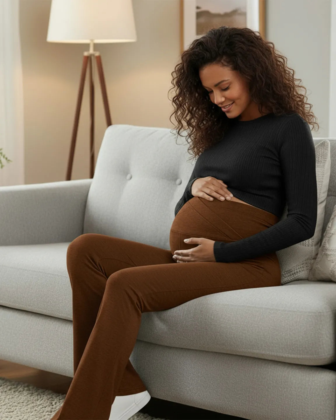 Smiling pregnant woman in brown crossed waistband flared maternity pants and black top, sitting on a gray couch.