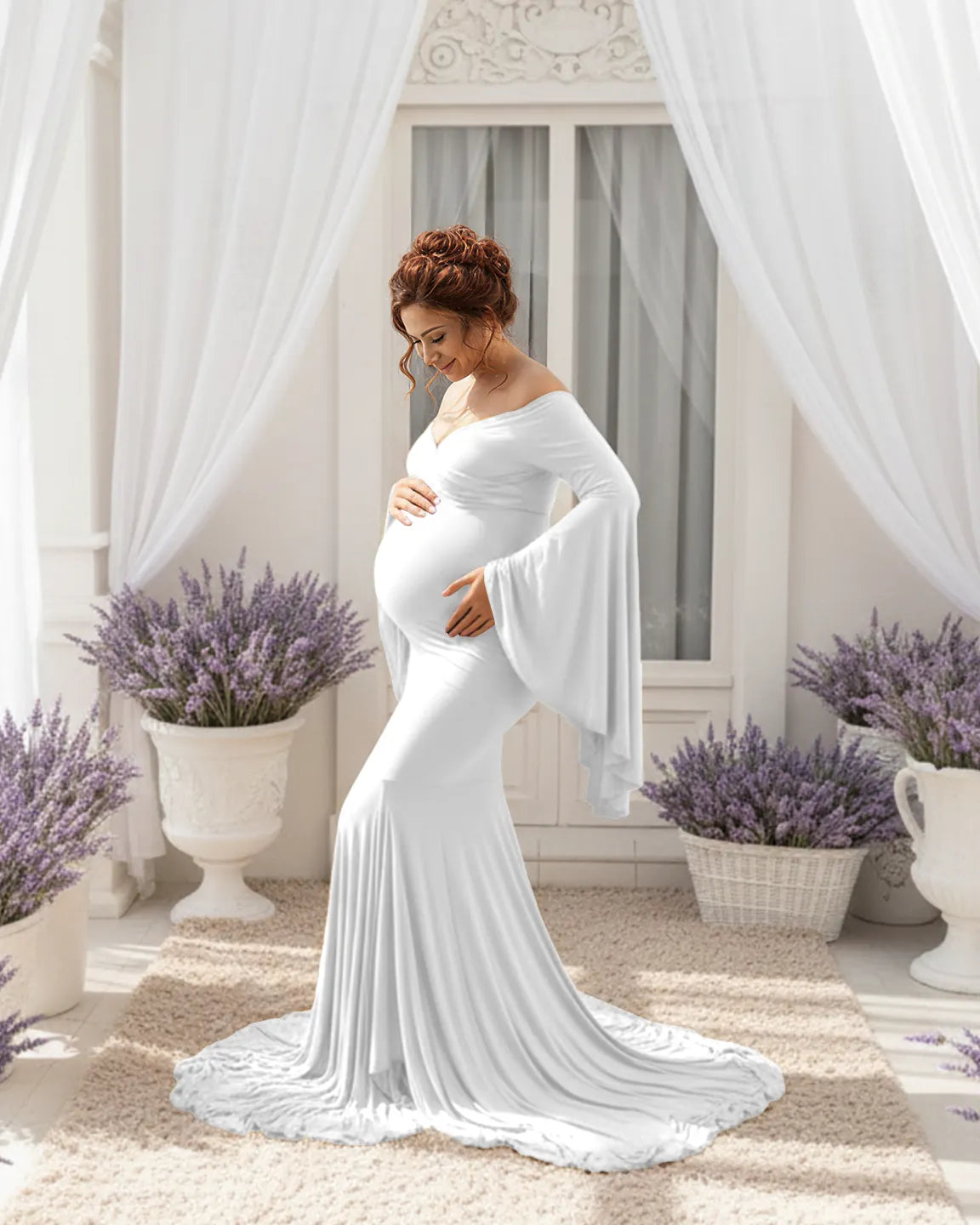 Bump Society – The Comfort Collection: Flared Sleeve Fishtail Train Maternity Photoshoot Dress