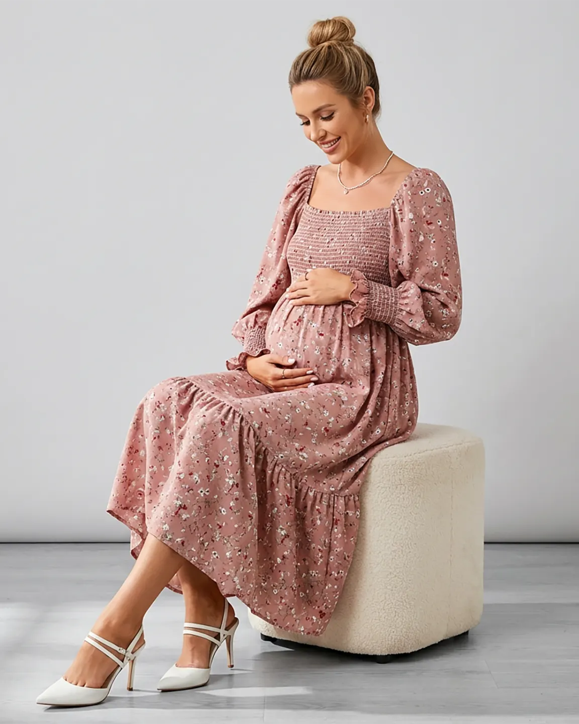 Bump Society – The Comfort Collection: Smocked Bodice Feminine Maternity Midi Dress
