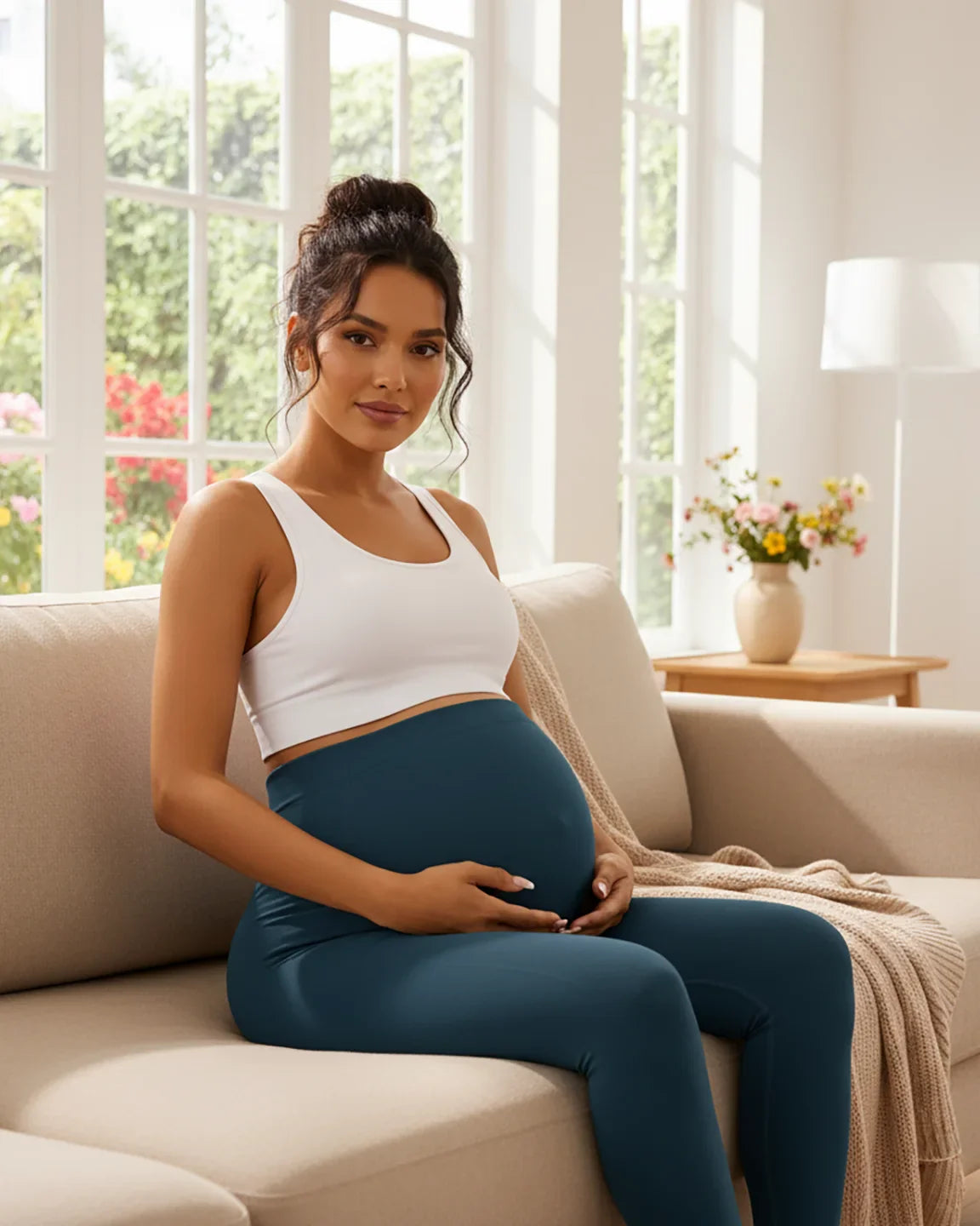 Pregnant woman in a white crop top and seamless teal maternity leggings, gently holding her bump while sitting on a sofa.