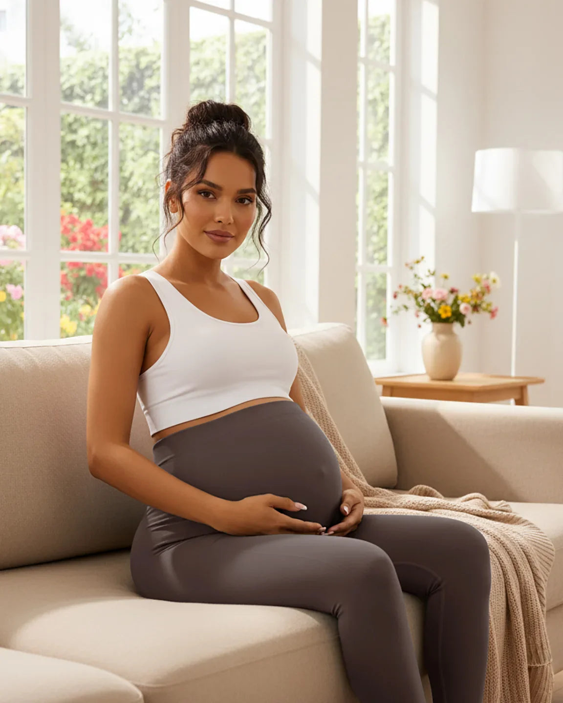 Pregnant woman in gray seamless M-shape maternity leggings and white top, sitting comfortably on a sofa.