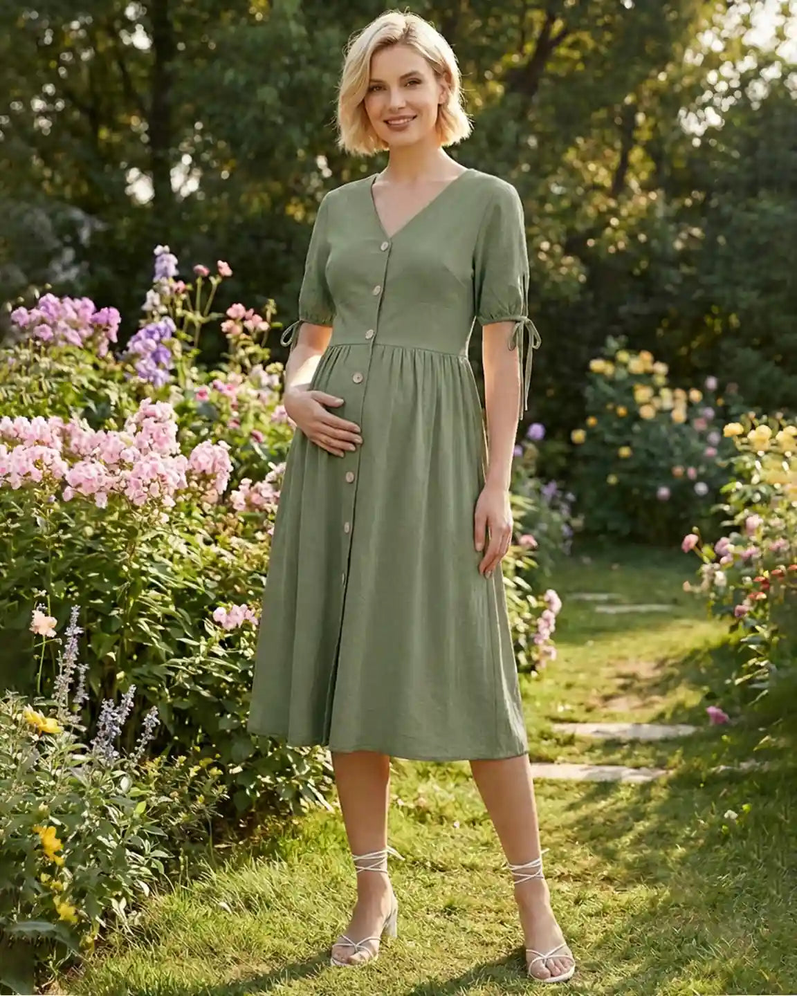 Bump Society – The Comfort Collection: Tie Sleeve A-Line Maternity Midi Dress