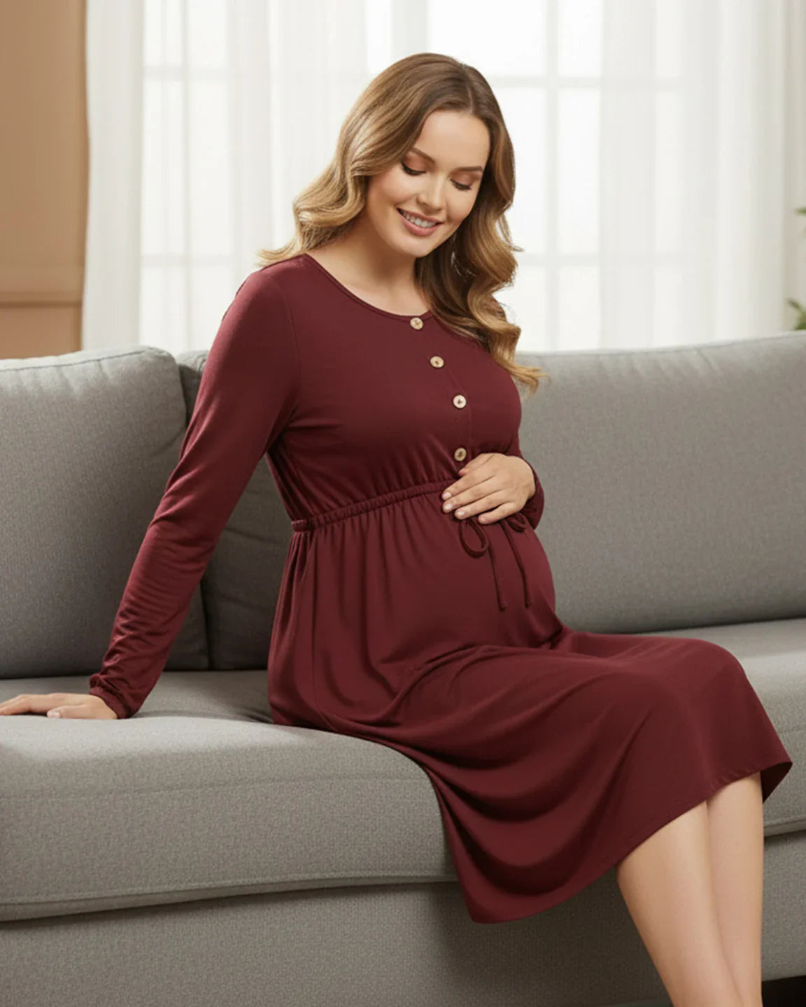 Bump Society – The Comfort Collection: Button-Front Drawstring Waist Maternity Dress