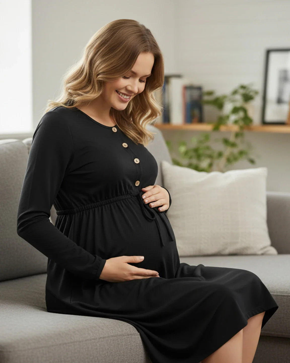 Bump Society – The Comfort Collection: Button-Front Drawstring Waist Maternity Dress