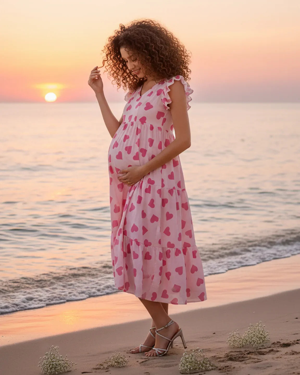 Maternity midi dress in pink chiffon with heart print, ruffle sleeves, and tiered skirt, worn by a pregnant woman on a beach at sunset.