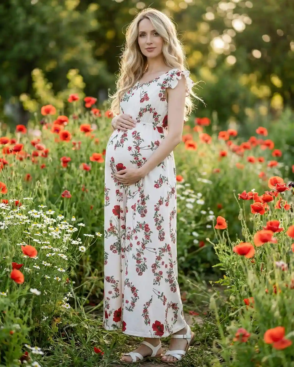 Bump Society – The Comfort Collection: Ruffle Shoulder Floral Maternity Maxi Dress