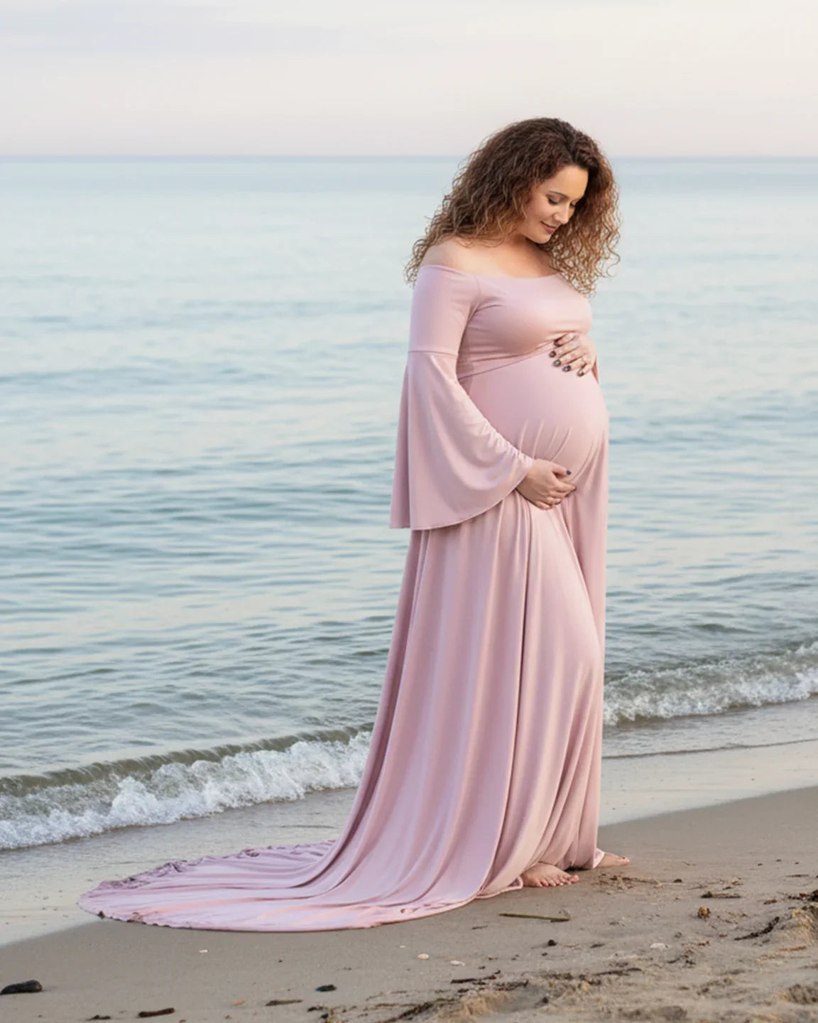 Bump Society – The Comfort Collection: Off-Shoulder Bell Sleeve Boho Maternity Photoshoot Maxi Dress