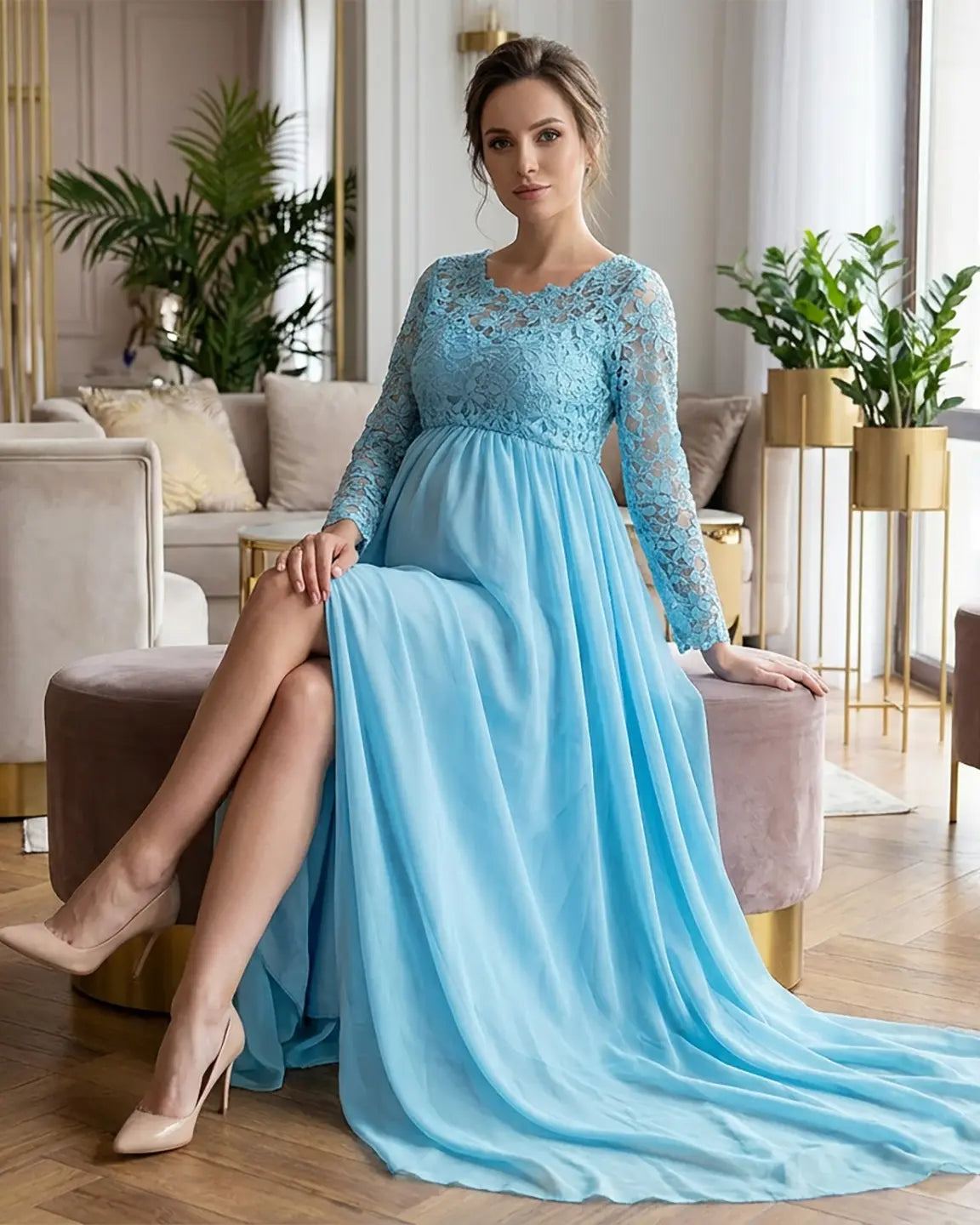 Bump Society – The Comfort Collection: Lace Bodice Trailing Skirt Maternity Photoshoot Gown
