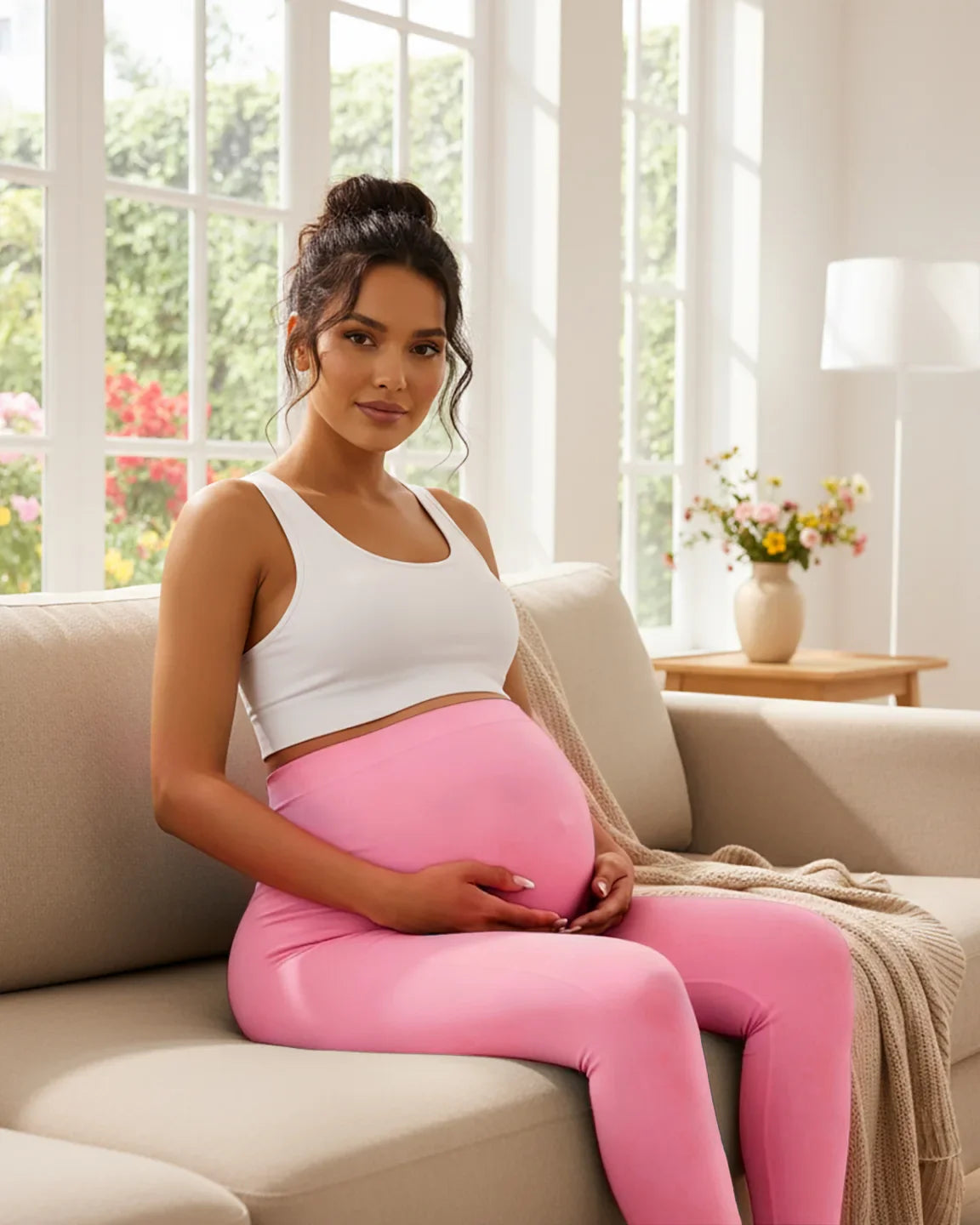 Pregnant woman in white crop top and pink seamless M-shape maternity leggings, sitting on a sofa.