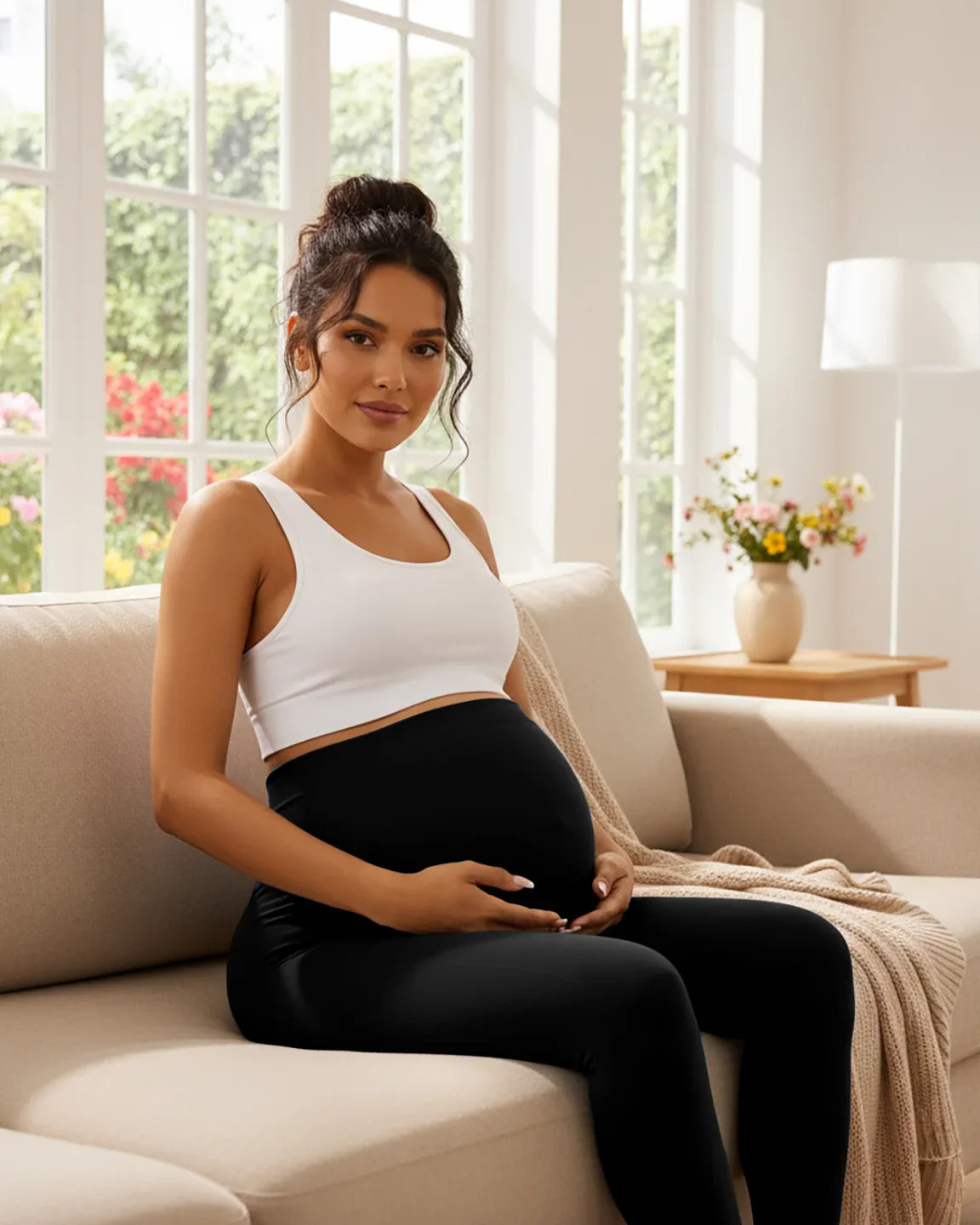 Pregnant woman in a white crop top and black seamless M-shape maternity leggings, sitting on a sofa.