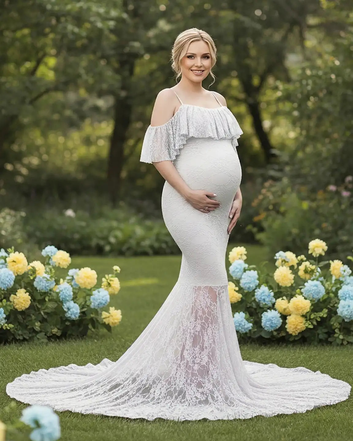 Bump Society – The Comfort Collection: Off-Shoulder Lace Mermaid Maternity Gown