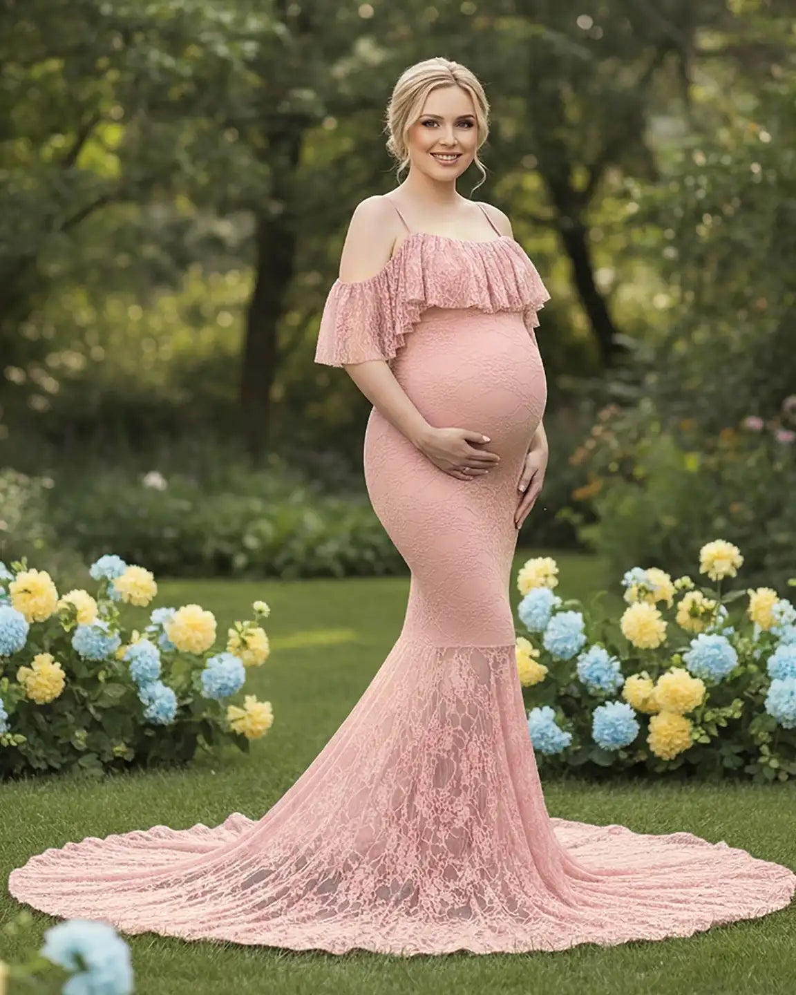 Bump Society – The Comfort Collection: Off-Shoulder Lace Mermaid Maternity Gown