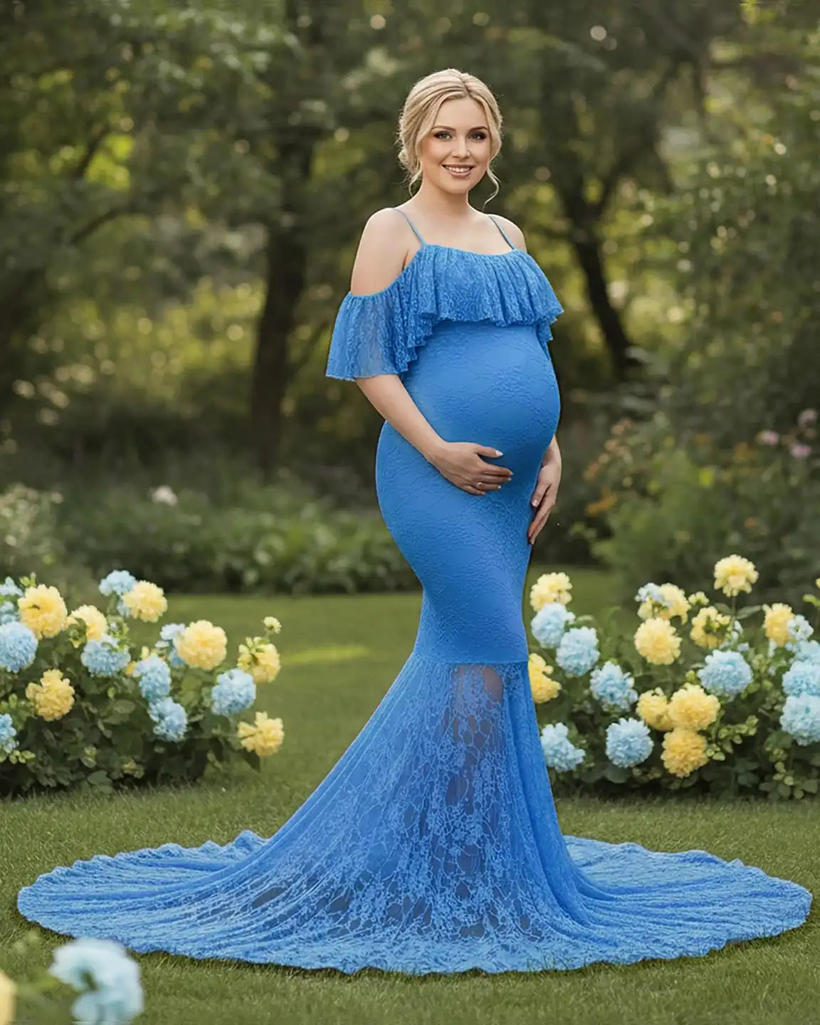Bump Society – The Comfort Collection: Off-Shoulder Lace Mermaid Maternity Gown